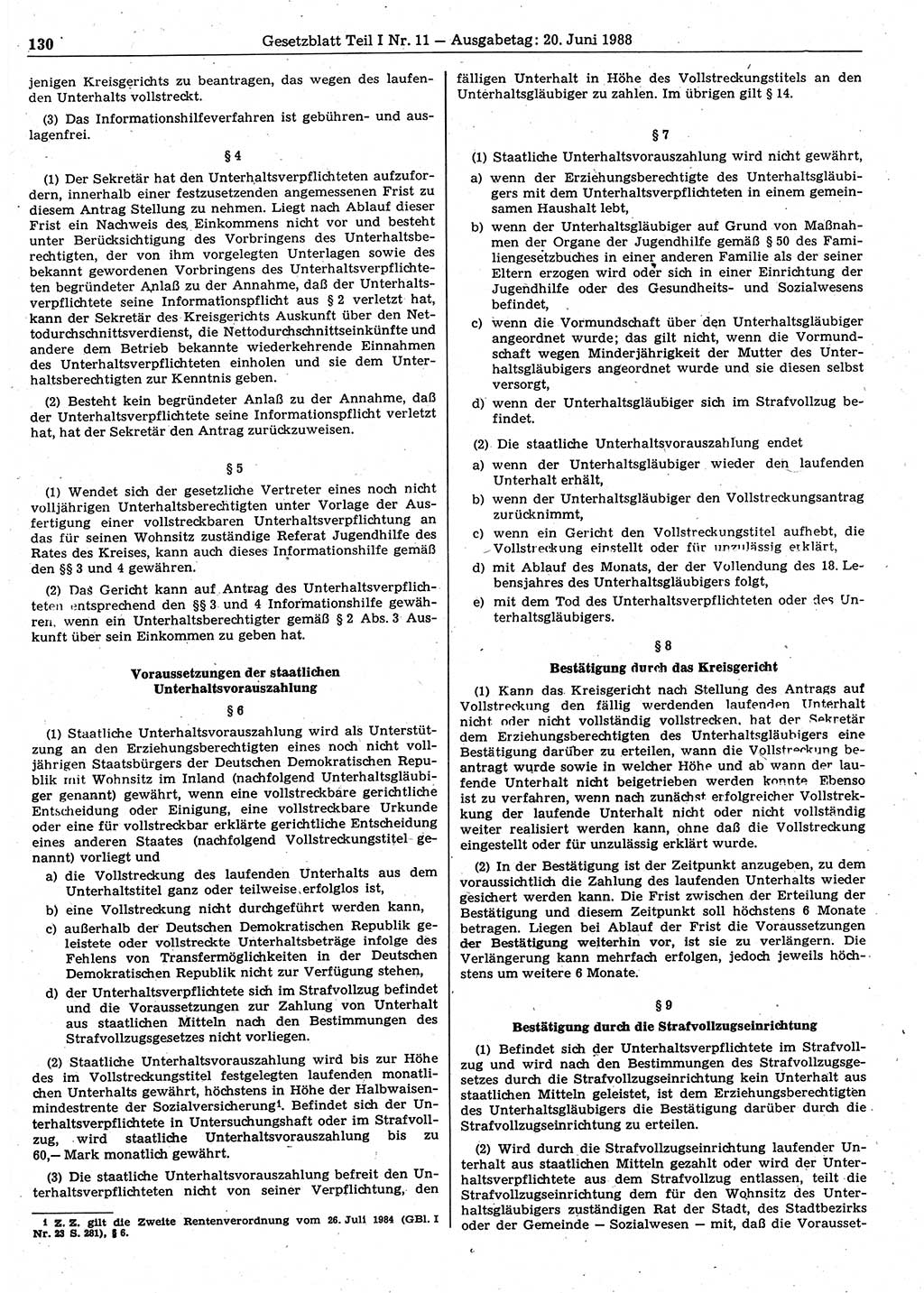 Gesetzblatt (GBl.) der Deutschen Demokratischen Republik (DDR) Teil Ⅰ 1988, Seite 130 (GBl. DDR Ⅰ 1988, S. 130)