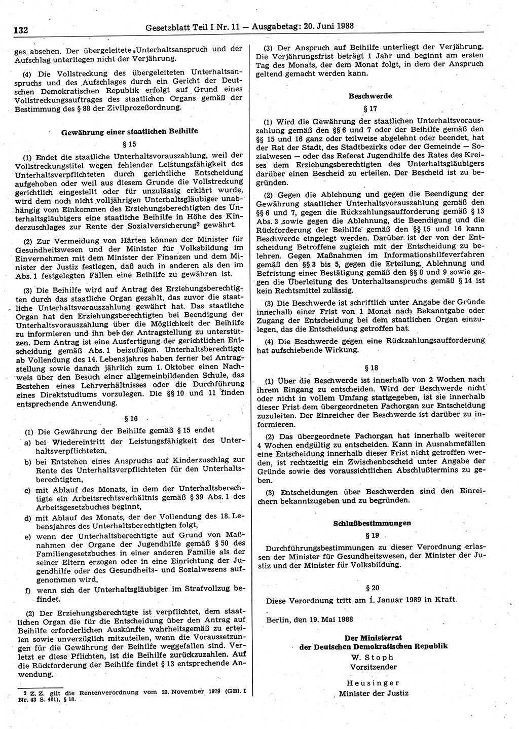 Gesetzblatt (GBl.) der Deutschen Demokratischen Republik (DDR) Teil Ⅰ 1988, Seite 132 (GBl. DDR Ⅰ 1988, S. 132)