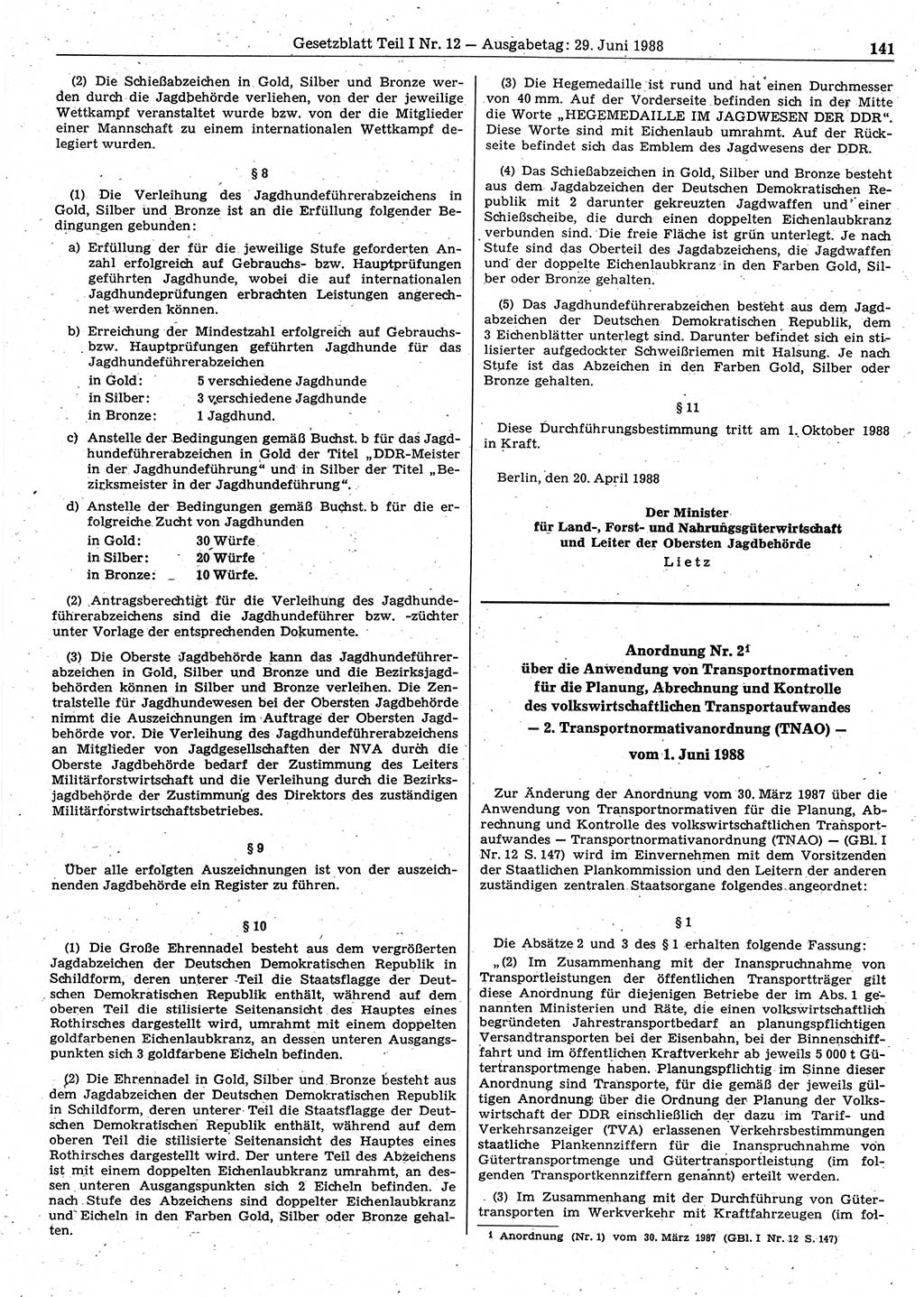 Gesetzblatt (GBl.) der Deutschen Demokratischen Republik (DDR) Teil Ⅰ 1988, Seite 141 (GBl. DDR Ⅰ 1988, S. 141)