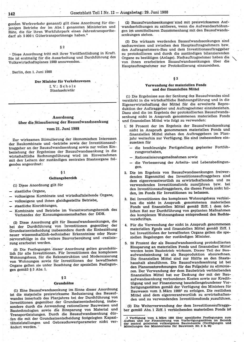 Gesetzblatt (GBl.) der Deutschen Demokratischen Republik (DDR) Teil Ⅰ 1988, Seite 142 (GBl. DDR Ⅰ 1988, S. 142)