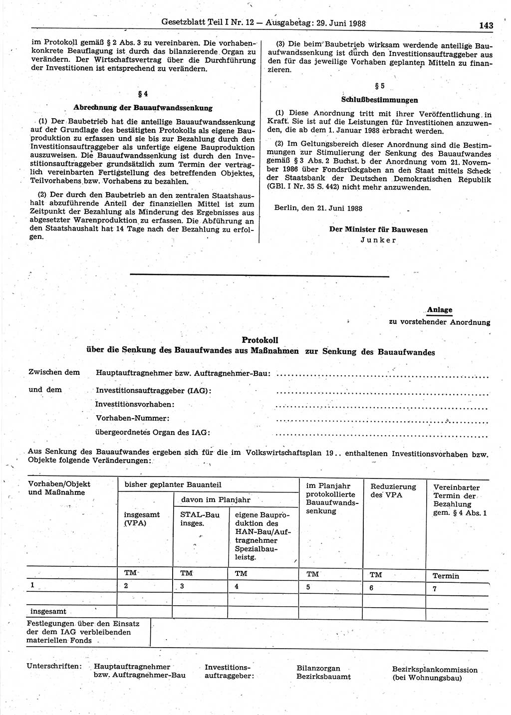 Gesetzblatt (GBl.) der Deutschen Demokratischen Republik (DDR) Teil Ⅰ 1988, Seite 143 (GBl. DDR Ⅰ 1988, S. 143)