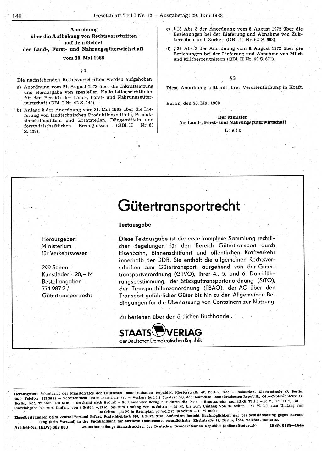 Gesetzblatt (GBl.) der Deutschen Demokratischen Republik (DDR) Teil Ⅰ 1988, Seite 144 (GBl. DDR Ⅰ 1988, S. 144)