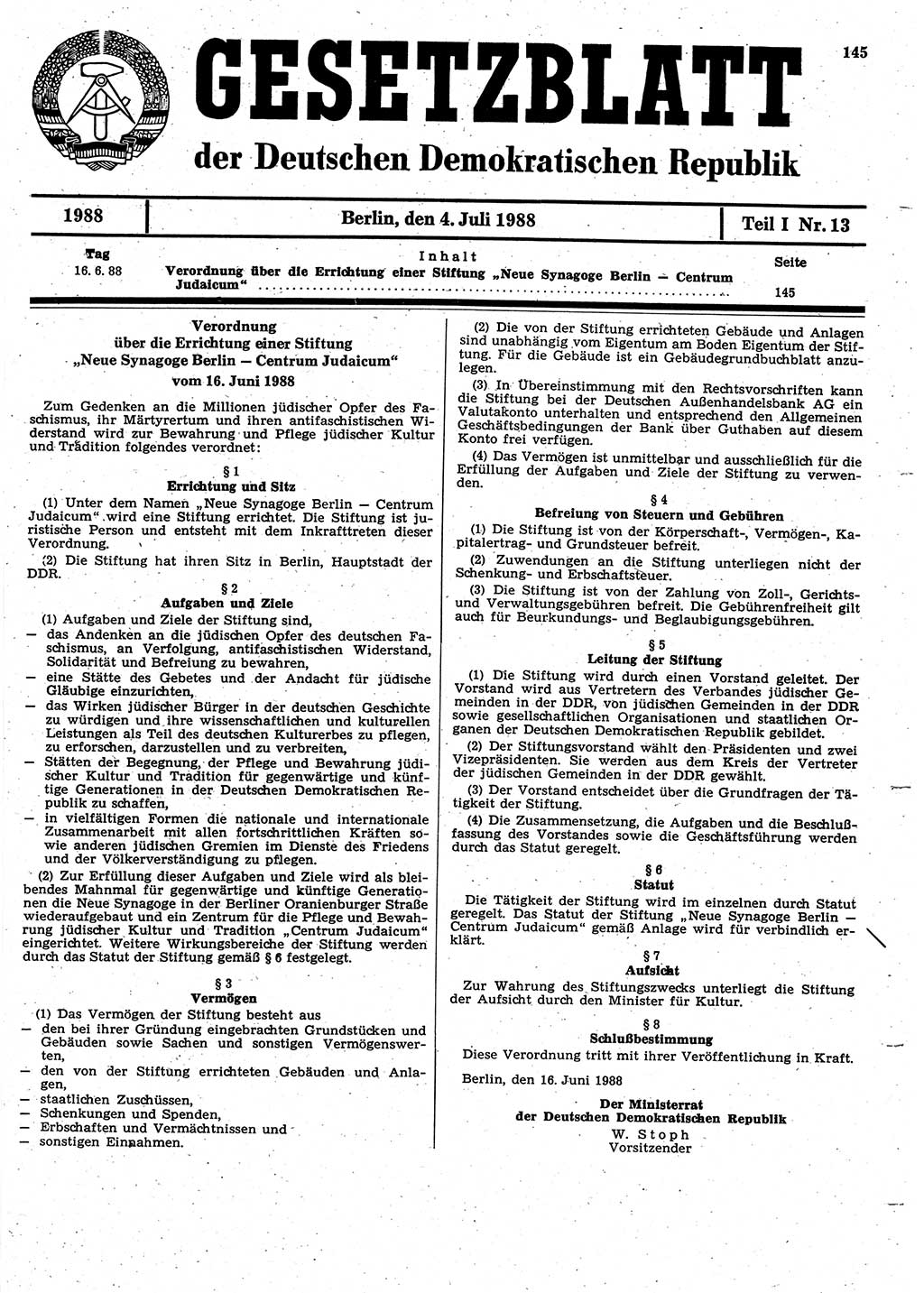 Gesetzblatt (GBl.) der Deutschen Demokratischen Republik (DDR) Teil Ⅰ 1988, Seite 145 (GBl. DDR Ⅰ 1988, S. 145)