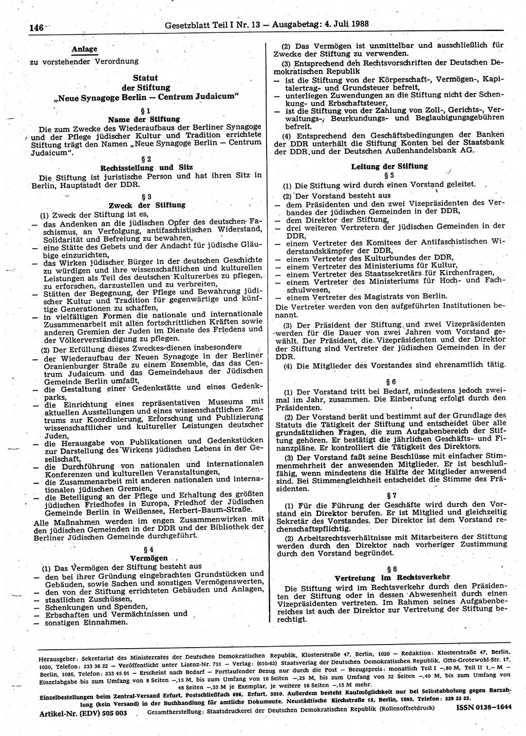 Gesetzblatt (GBl.) der Deutschen Demokratischen Republik (DDR) Teil Ⅰ 1988, Seite 146 (GBl. DDR Ⅰ 1988, S. 146)