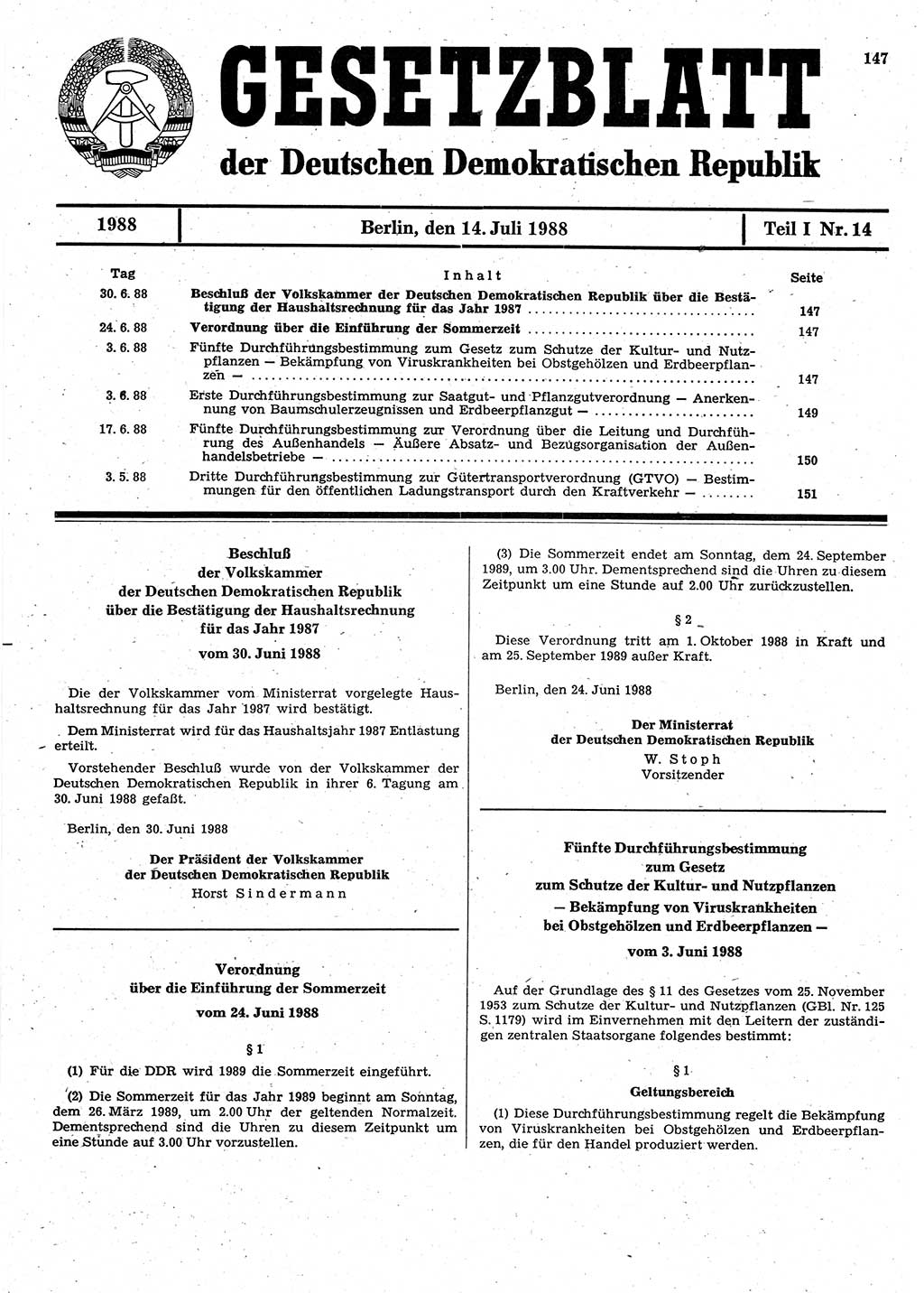 Gesetzblatt (GBl.) der Deutschen Demokratischen Republik (DDR) Teil Ⅰ 1988, Seite 147 (GBl. DDR Ⅰ 1988, S. 147)