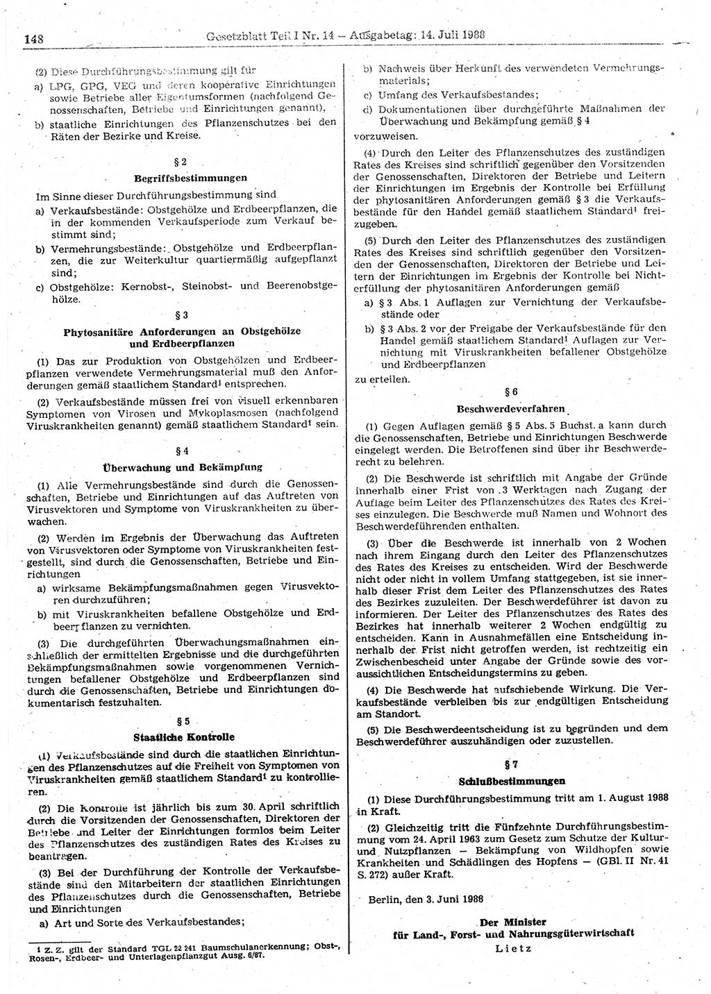 Gesetzblatt (GBl.) der Deutschen Demokratischen Republik (DDR) Teil Ⅰ 1988, Seite 148 (GBl. DDR Ⅰ 1988, S. 148)