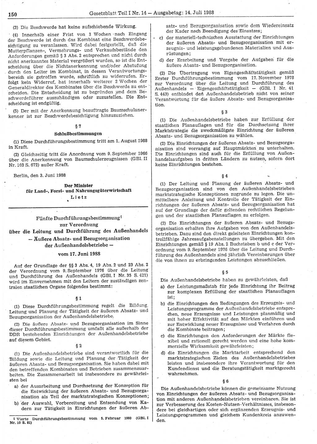 Gesetzblatt (GBl.) der Deutschen Demokratischen Republik (DDR) Teil Ⅰ 1988, Seite 150 (GBl. DDR Ⅰ 1988, S. 150)
