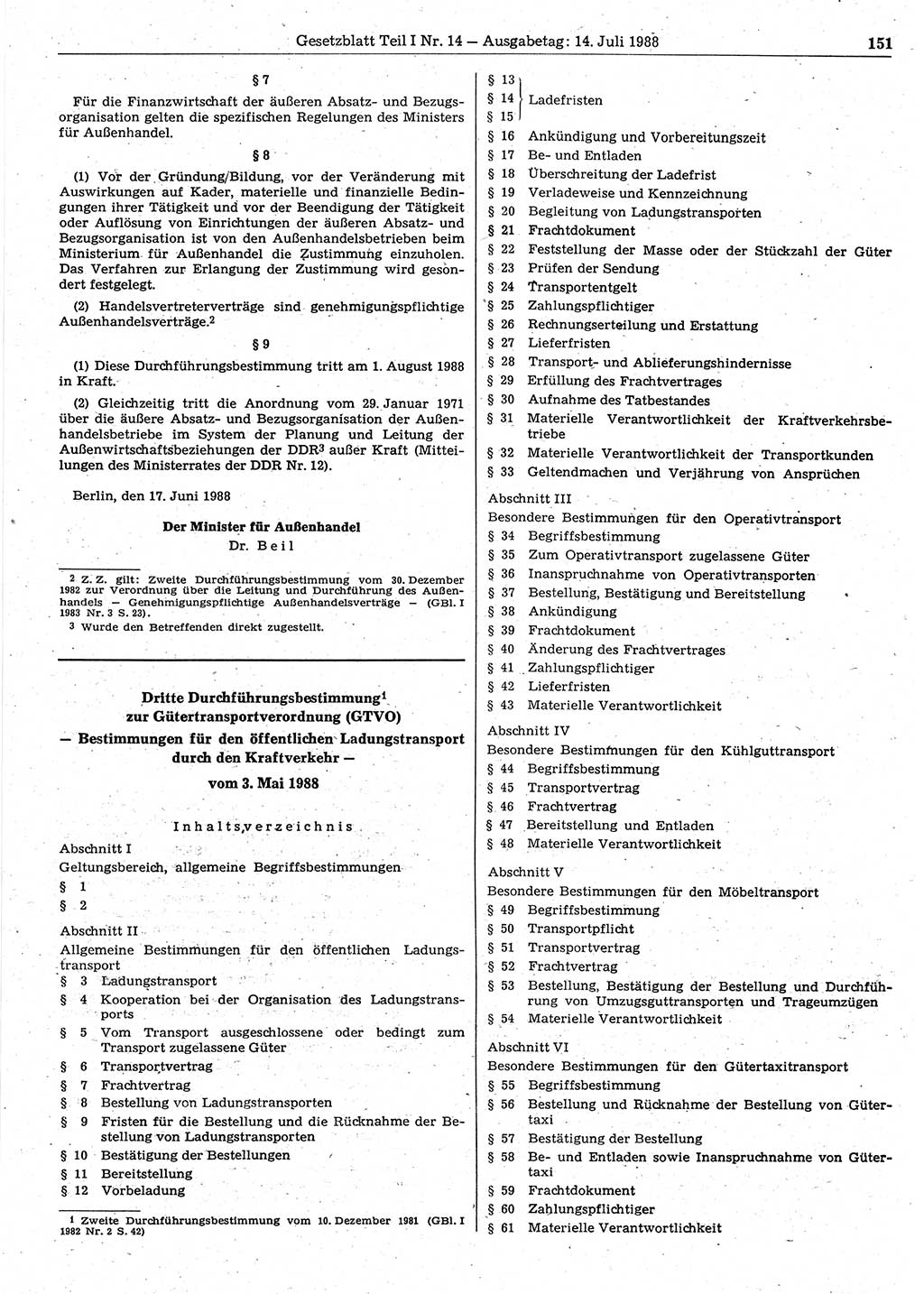 Gesetzblatt (GBl.) der Deutschen Demokratischen Republik (DDR) Teil Ⅰ 1988, Seite 151 (GBl. DDR Ⅰ 1988, S. 151)