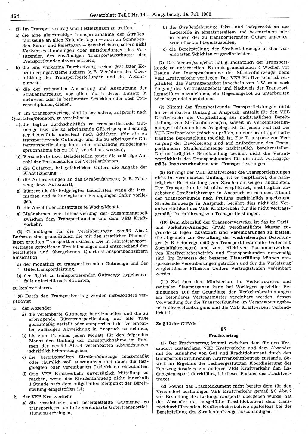 Gesetzblatt (GBl.) der Deutschen Demokratischen Republik (DDR) Teil Ⅰ 1988, Seite 154 (GBl. DDR Ⅰ 1988, S. 154)