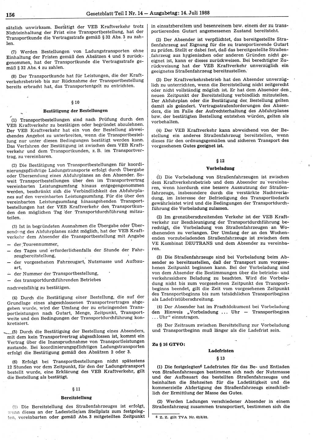 Gesetzblatt (GBl.) der Deutschen Demokratischen Republik (DDR) Teil Ⅰ 1988, Seite 156 (GBl. DDR Ⅰ 1988, S. 156)