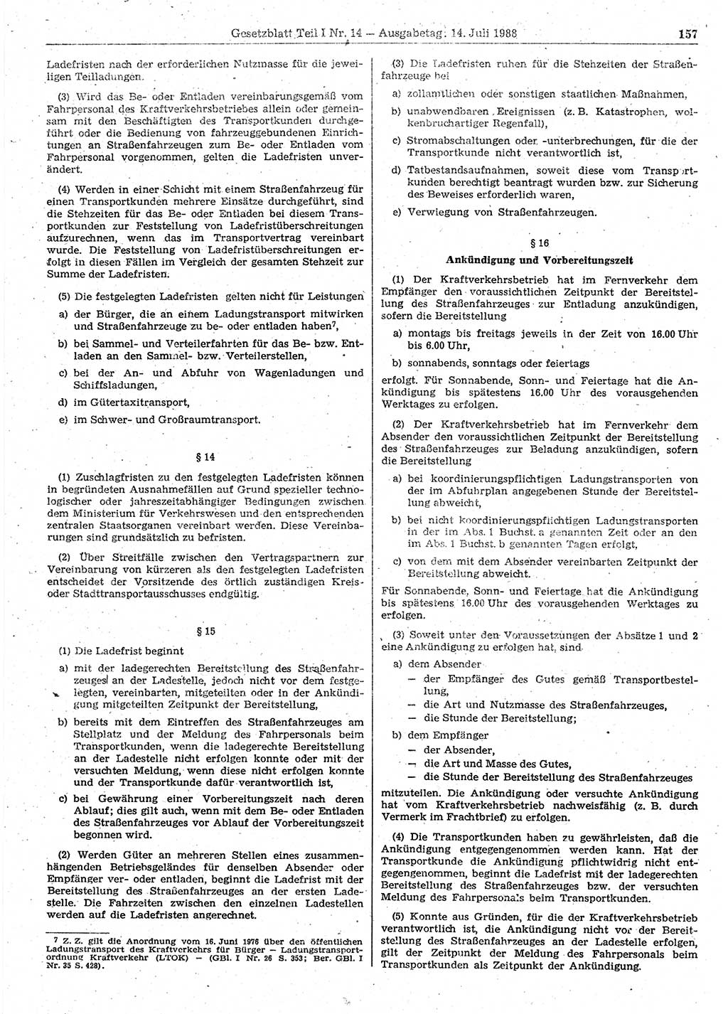 Gesetzblatt (GBl.) der Deutschen Demokratischen Republik (DDR) Teil Ⅰ 1988, Seite 157 (GBl. DDR Ⅰ 1988, S. 157)