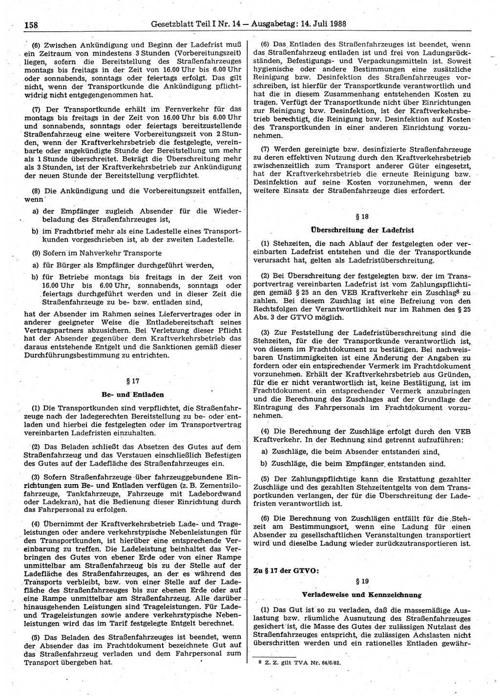 Gesetzblatt (GBl.) der Deutschen Demokratischen Republik (DDR) Teil Ⅰ 1988, Seite 158 (GBl. DDR Ⅰ 1988, S. 158)