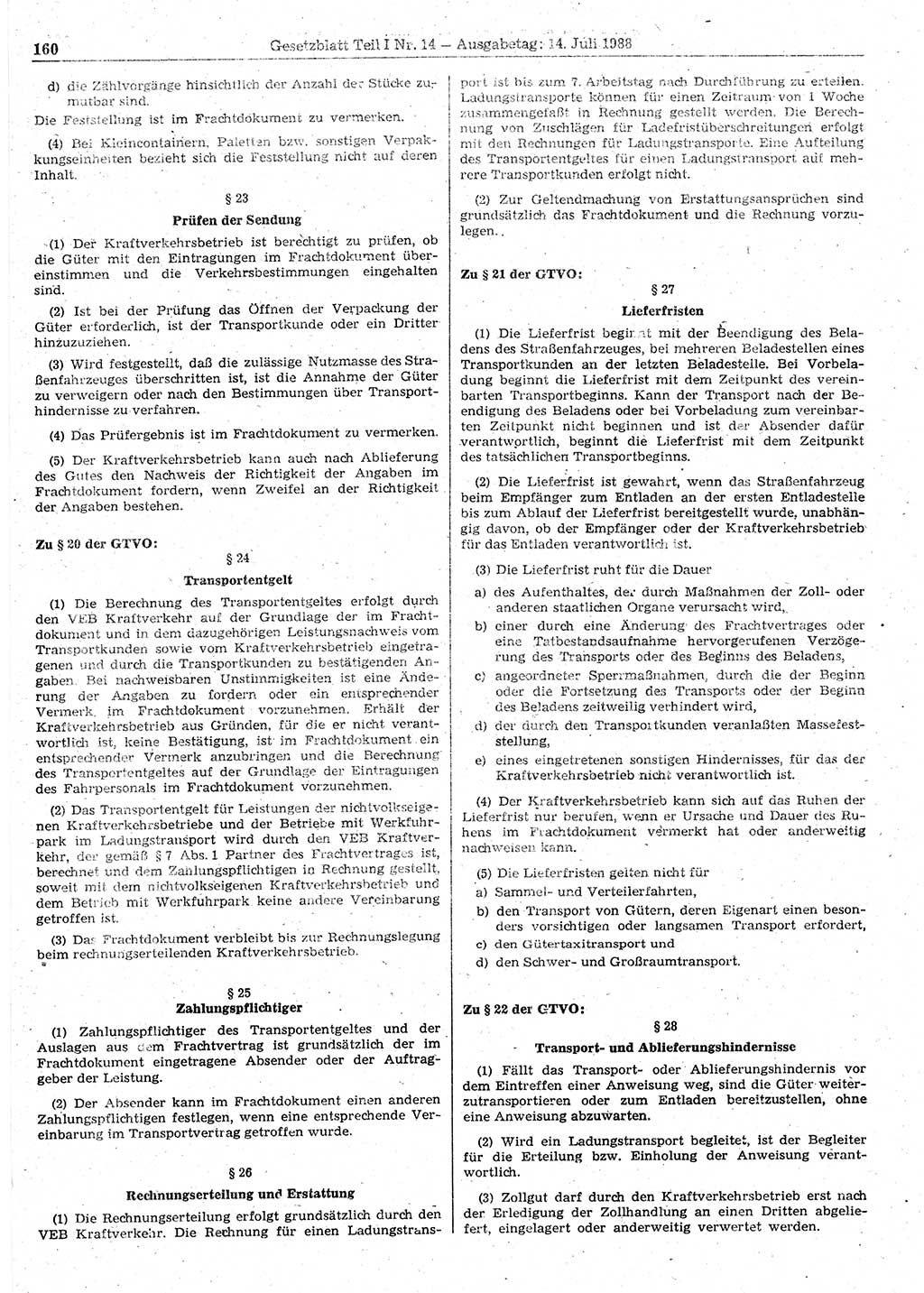 Gesetzblatt (GBl.) der Deutschen Demokratischen Republik (DDR) Teil Ⅰ 1988, Seite 160 (GBl. DDR Ⅰ 1988, S. 160)