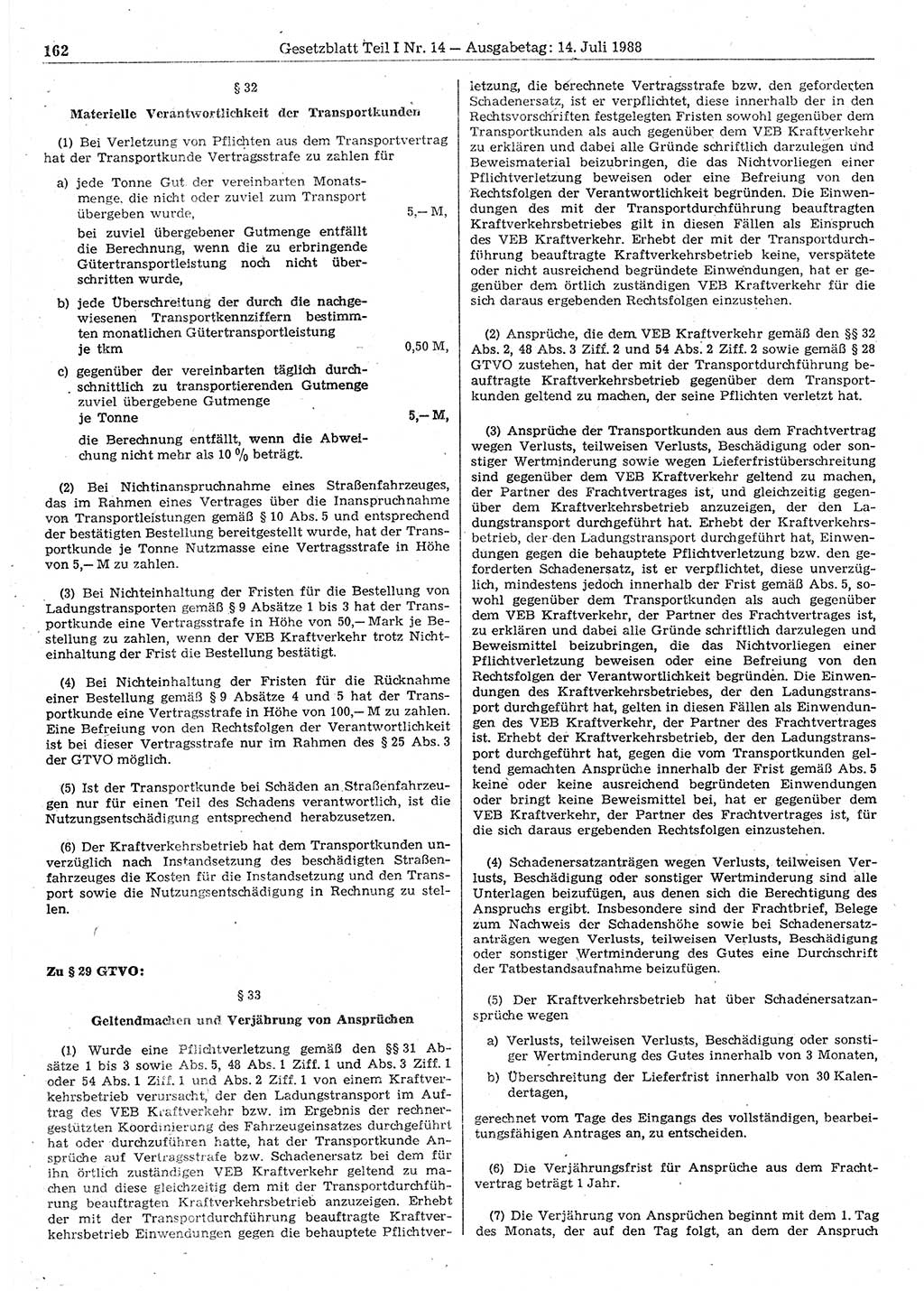 Gesetzblatt (GBl.) der Deutschen Demokratischen Republik (DDR) Teil Ⅰ 1988, Seite 162 (GBl. DDR Ⅰ 1988, S. 162)