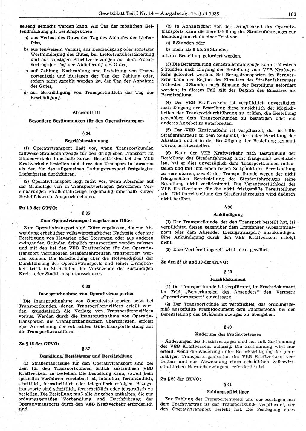 Gesetzblatt (GBl.) der Deutschen Demokratischen Republik (DDR) Teil Ⅰ 1988, Seite 163 (GBl. DDR Ⅰ 1988, S. 163)
