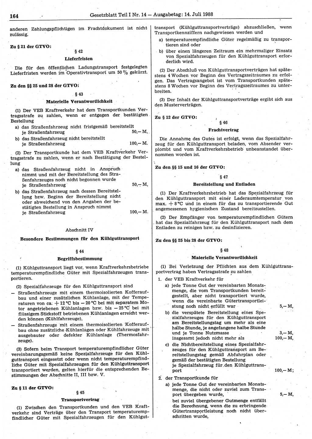 Gesetzblatt (GBl.) der Deutschen Demokratischen Republik (DDR) Teil Ⅰ 1988, Seite 164 (GBl. DDR Ⅰ 1988, S. 164)