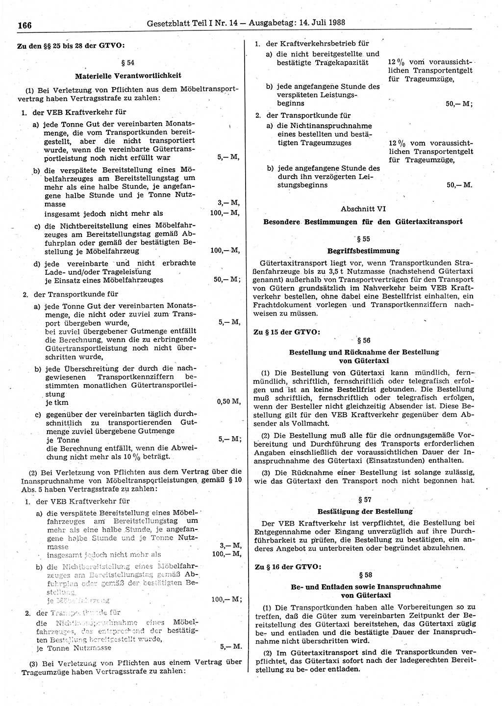 Gesetzblatt (GBl.) der Deutschen Demokratischen Republik (DDR) Teil Ⅰ 1988, Seite 166 (GBl. DDR Ⅰ 1988, S. 166)