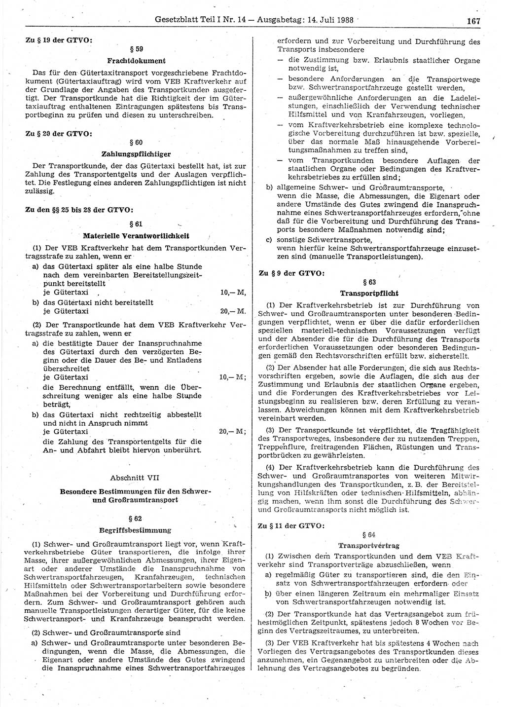 Gesetzblatt (GBl.) der Deutschen Demokratischen Republik (DDR) Teil Ⅰ 1988, Seite 167 (GBl. DDR Ⅰ 1988, S. 167)