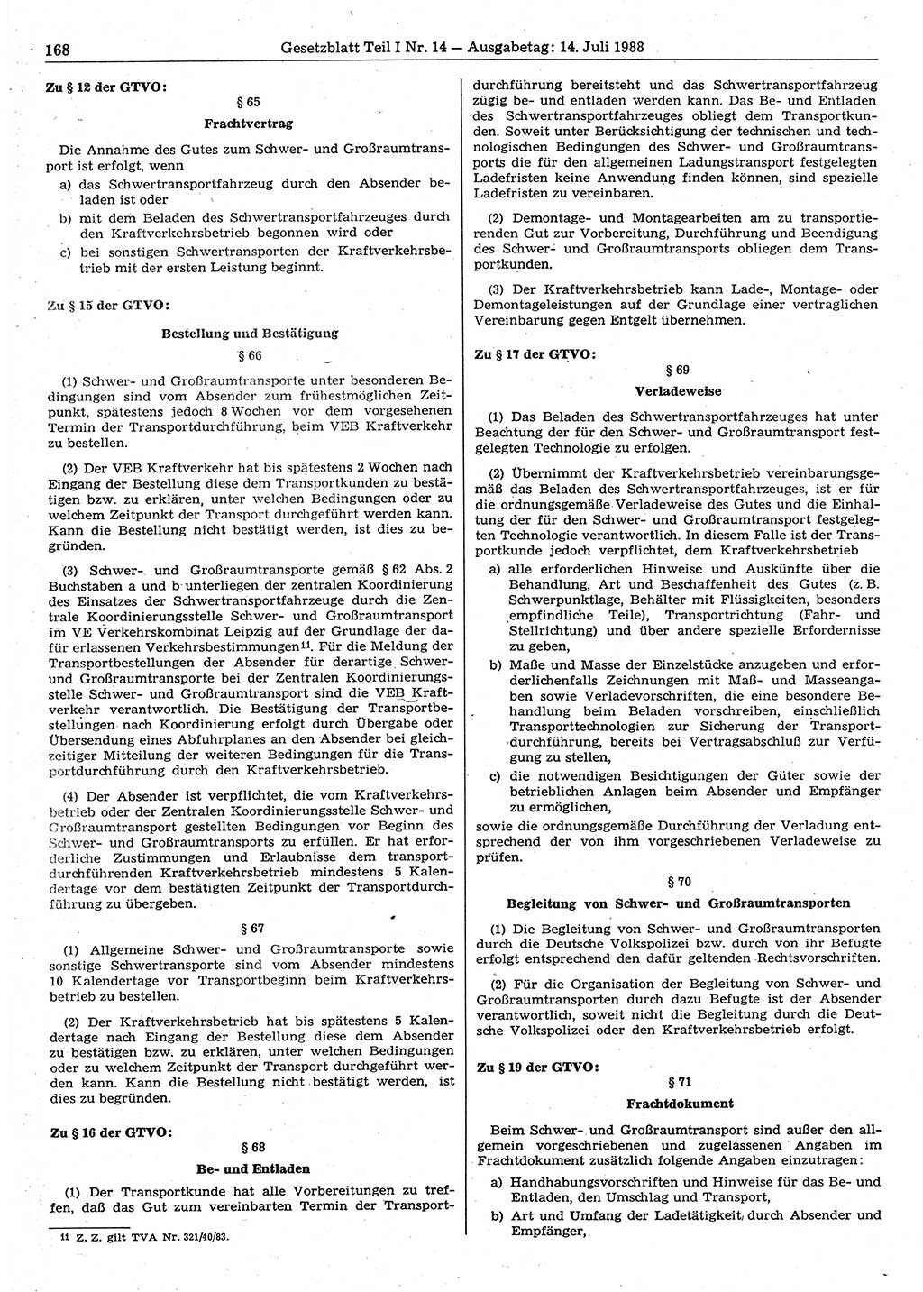 Gesetzblatt (GBl.) der Deutschen Demokratischen Republik (DDR) Teil Ⅰ 1988, Seite 168 (GBl. DDR Ⅰ 1988, S. 168)