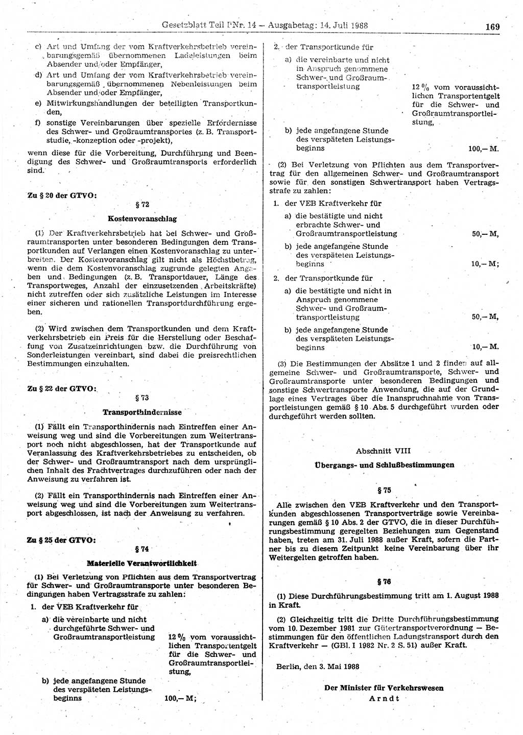 Gesetzblatt (GBl.) der Deutschen Demokratischen Republik (DDR) Teil Ⅰ 1988, Seite 169 (GBl. DDR Ⅰ 1988, S. 169)