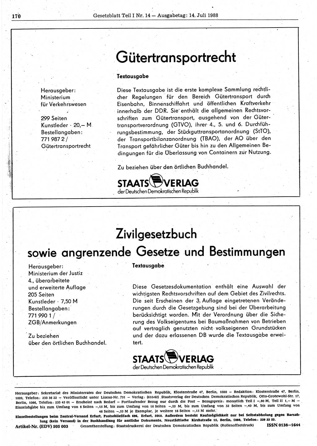 Gesetzblatt (GBl.) der Deutschen Demokratischen Republik (DDR) Teil Ⅰ 1988, Seite 170 (GBl. DDR Ⅰ 1988, S. 170)