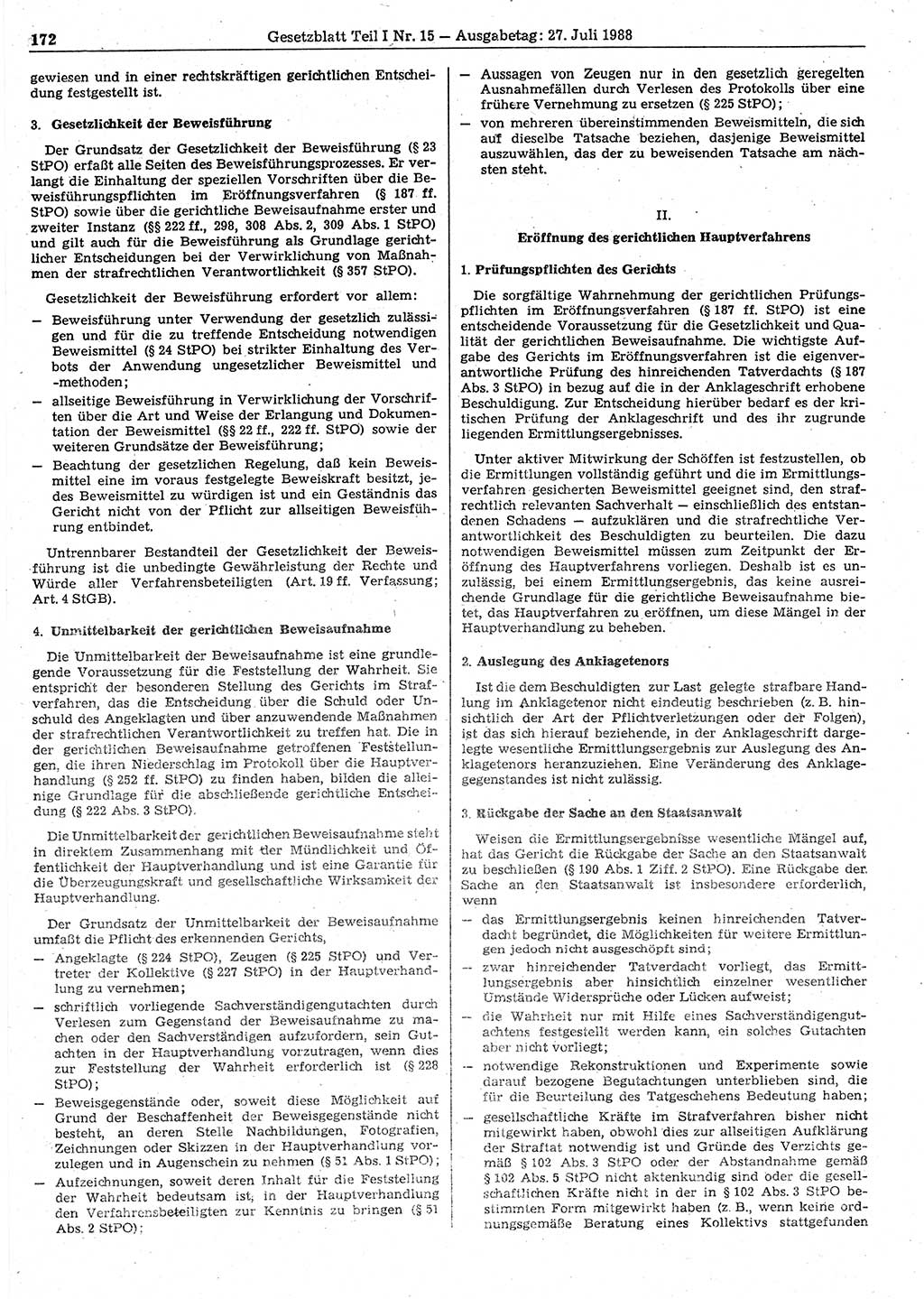 Gesetzblatt (GBl.) der Deutschen Demokratischen Republik (DDR) Teil Ⅰ 1988, Seite 172 (GBl. DDR Ⅰ 1988, S. 172)