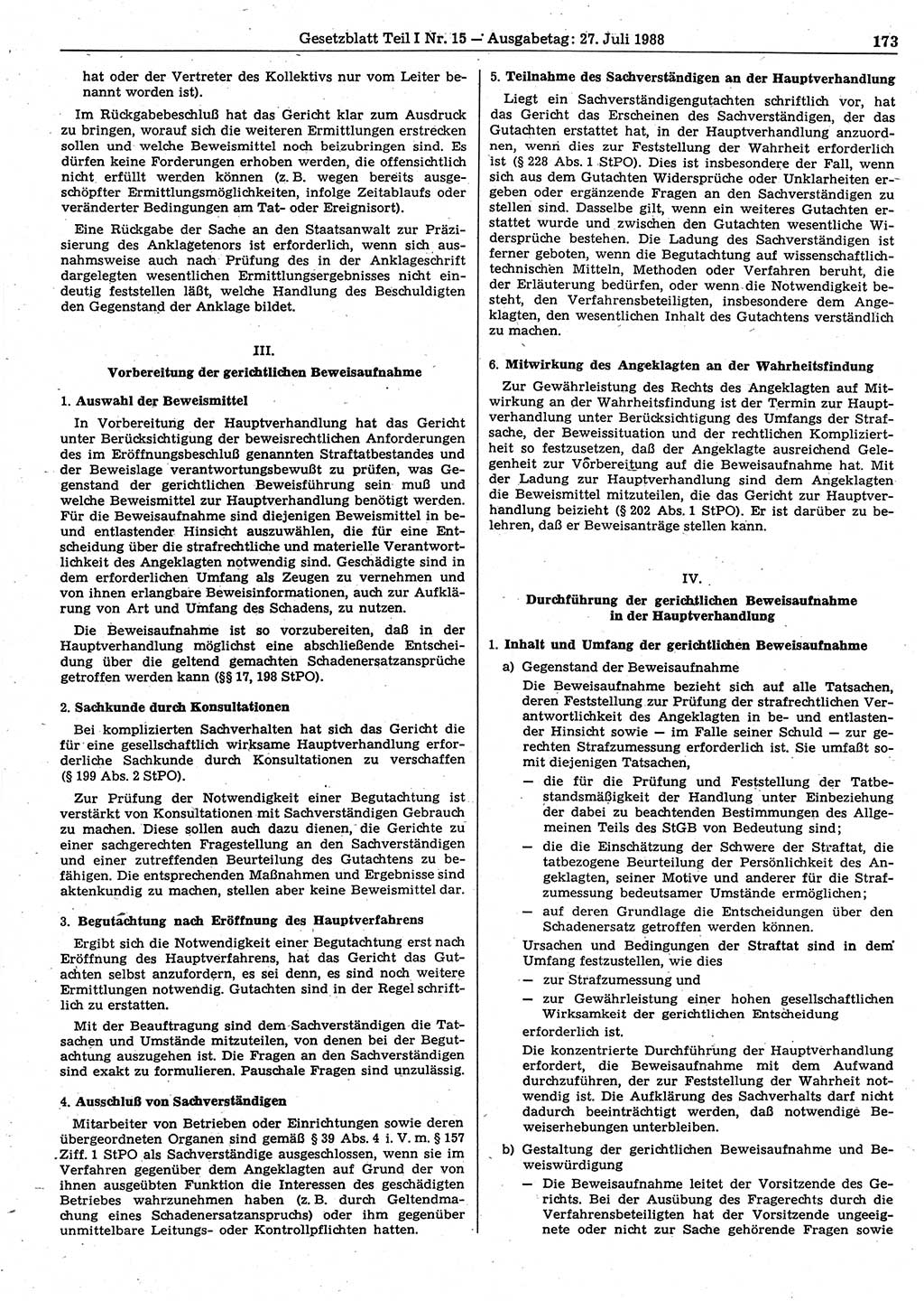 Gesetzblatt (GBl.) der Deutschen Demokratischen Republik (DDR) Teil Ⅰ 1988, Seite 173 (GBl. DDR Ⅰ 1988, S. 173)