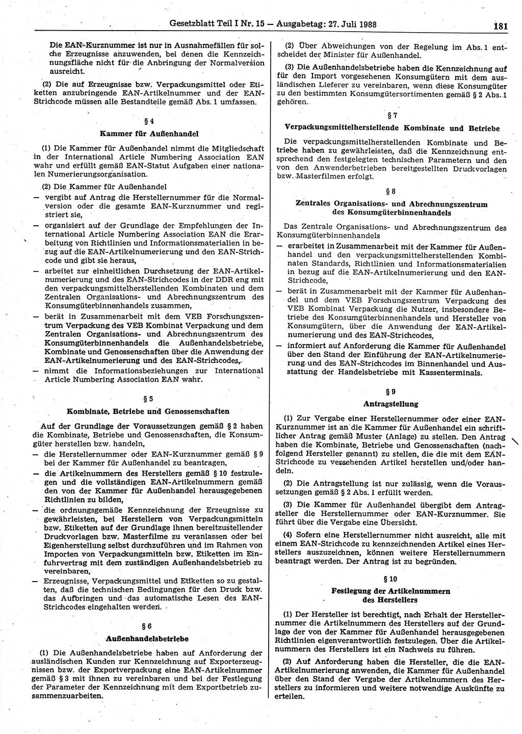 Gesetzblatt (GBl.) der Deutschen Demokratischen Republik (DDR) Teil Ⅰ 1988, Seite 181 (GBl. DDR Ⅰ 1988, S. 181)