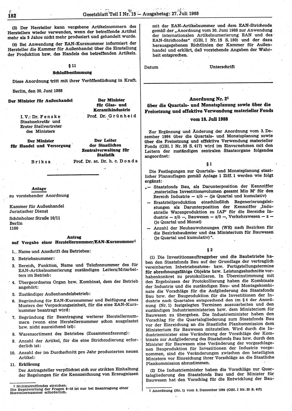 Gesetzblatt (GBl.) der Deutschen Demokratischen Republik (DDR) Teil Ⅰ 1988, Seite 182 (GBl. DDR Ⅰ 1988, S. 182)