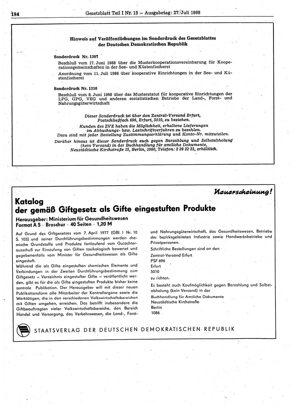 Gesetzblatt (GBl.) der Deutschen Demokratischen Republik (DDR) Teil Ⅰ 1988, Seite 184 (GBl. DDR Ⅰ 1988, S. 184)