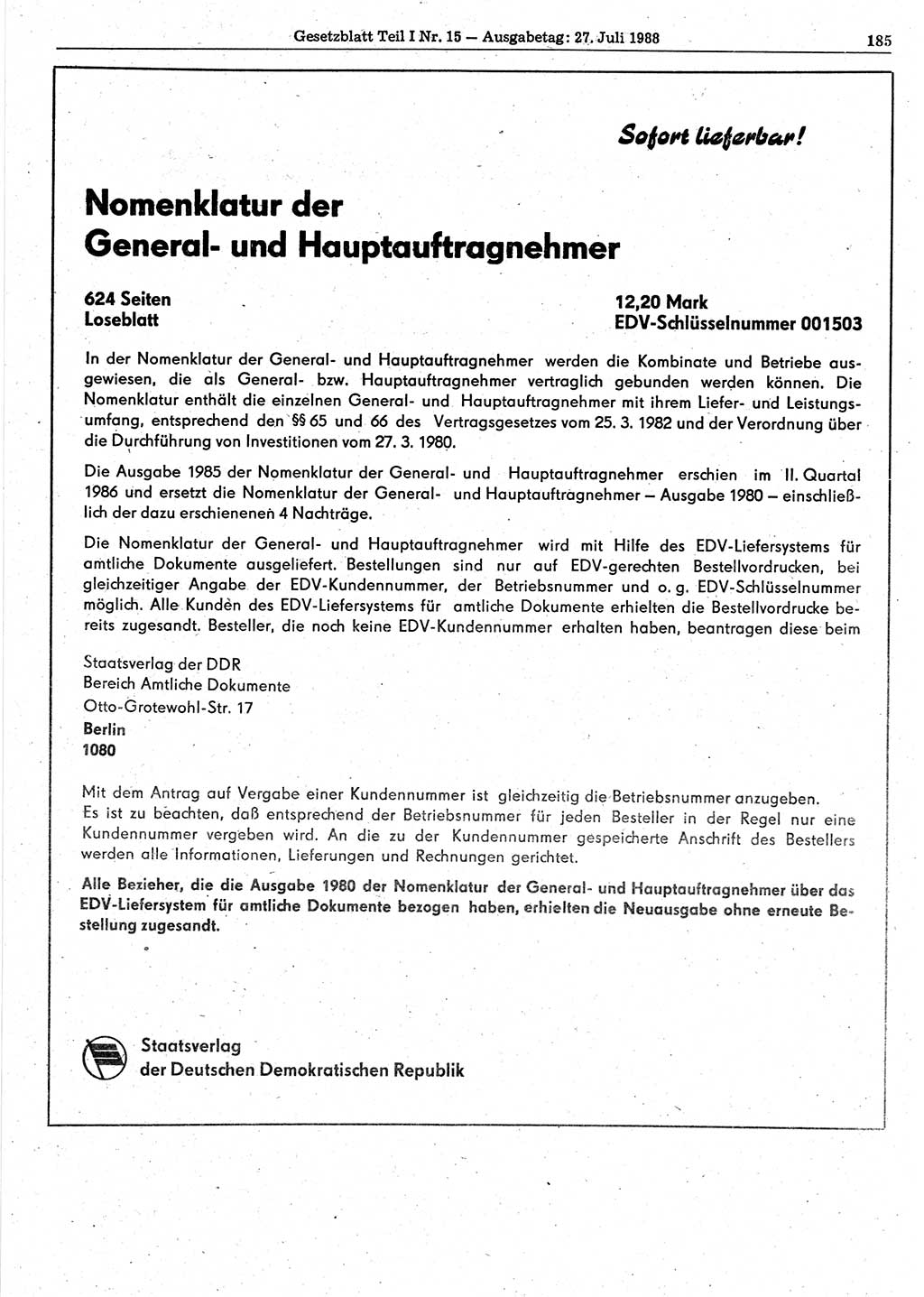 Gesetzblatt (GBl.) der Deutschen Demokratischen Republik (DDR) Teil Ⅰ 1988, Seite 185 (GBl. DDR Ⅰ 1988, S. 185)