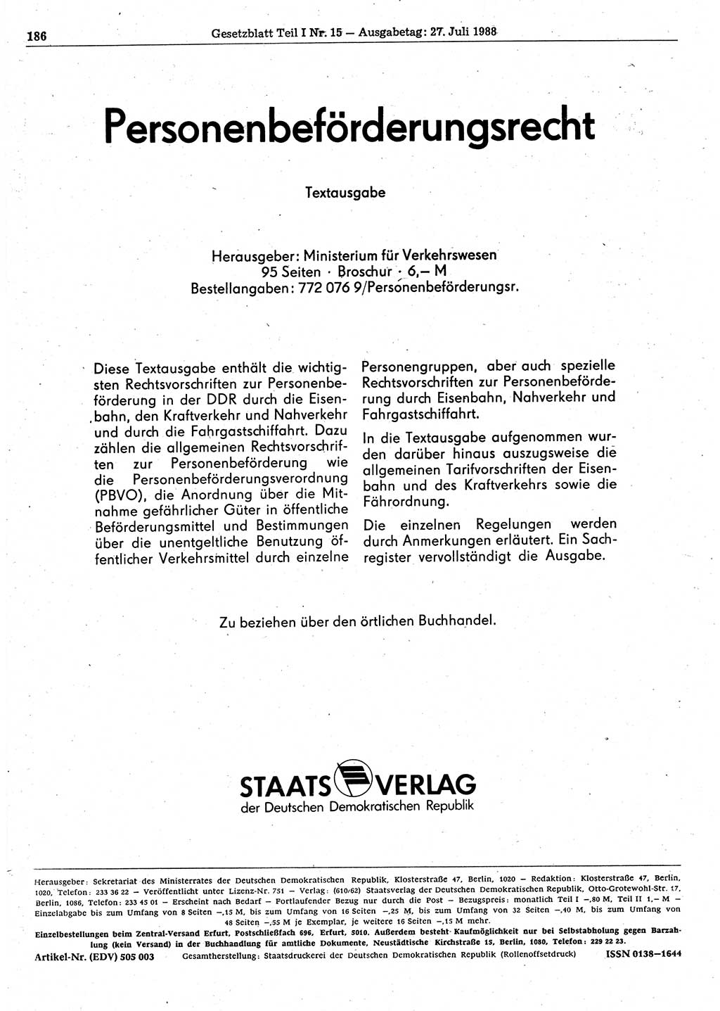 Gesetzblatt (GBl.) der Deutschen Demokratischen Republik (DDR) Teil Ⅰ 1988, Seite 186 (GBl. DDR Ⅰ 1988, S. 186)