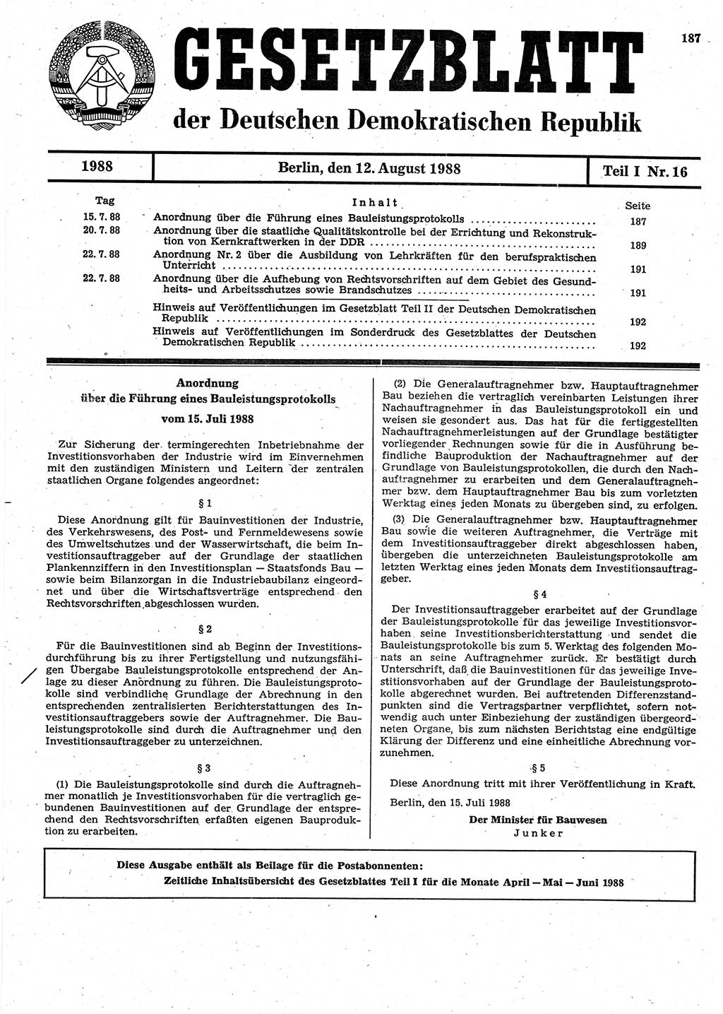 Gesetzblatt (GBl.) der Deutschen Demokratischen Republik (DDR) Teil Ⅰ 1988, Seite 187 (GBl. DDR Ⅰ 1988, S. 187)