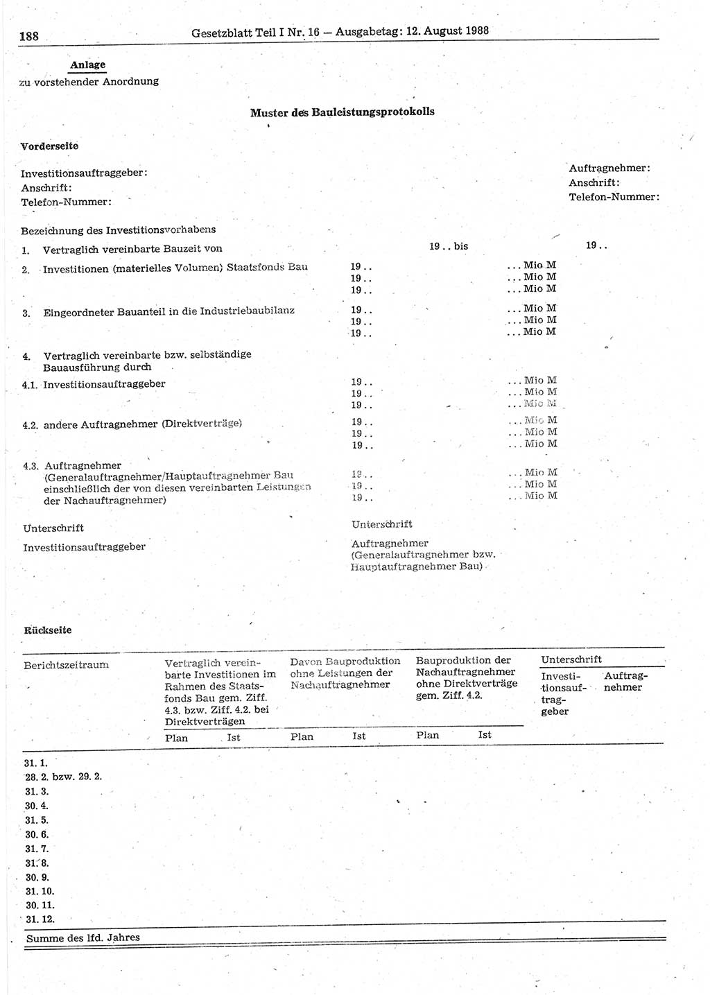 Gesetzblatt (GBl.) der Deutschen Demokratischen Republik (DDR) Teil Ⅰ 1988, Seite 188 (GBl. DDR Ⅰ 1988, S. 188)