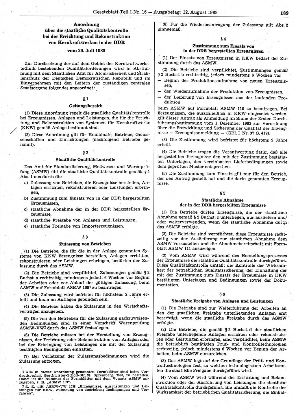 Gesetzblatt (GBl.) der Deutschen Demokratischen Republik (DDR) Teil Ⅰ 1988, Seite 189 (GBl. DDR Ⅰ 1988, S. 189)