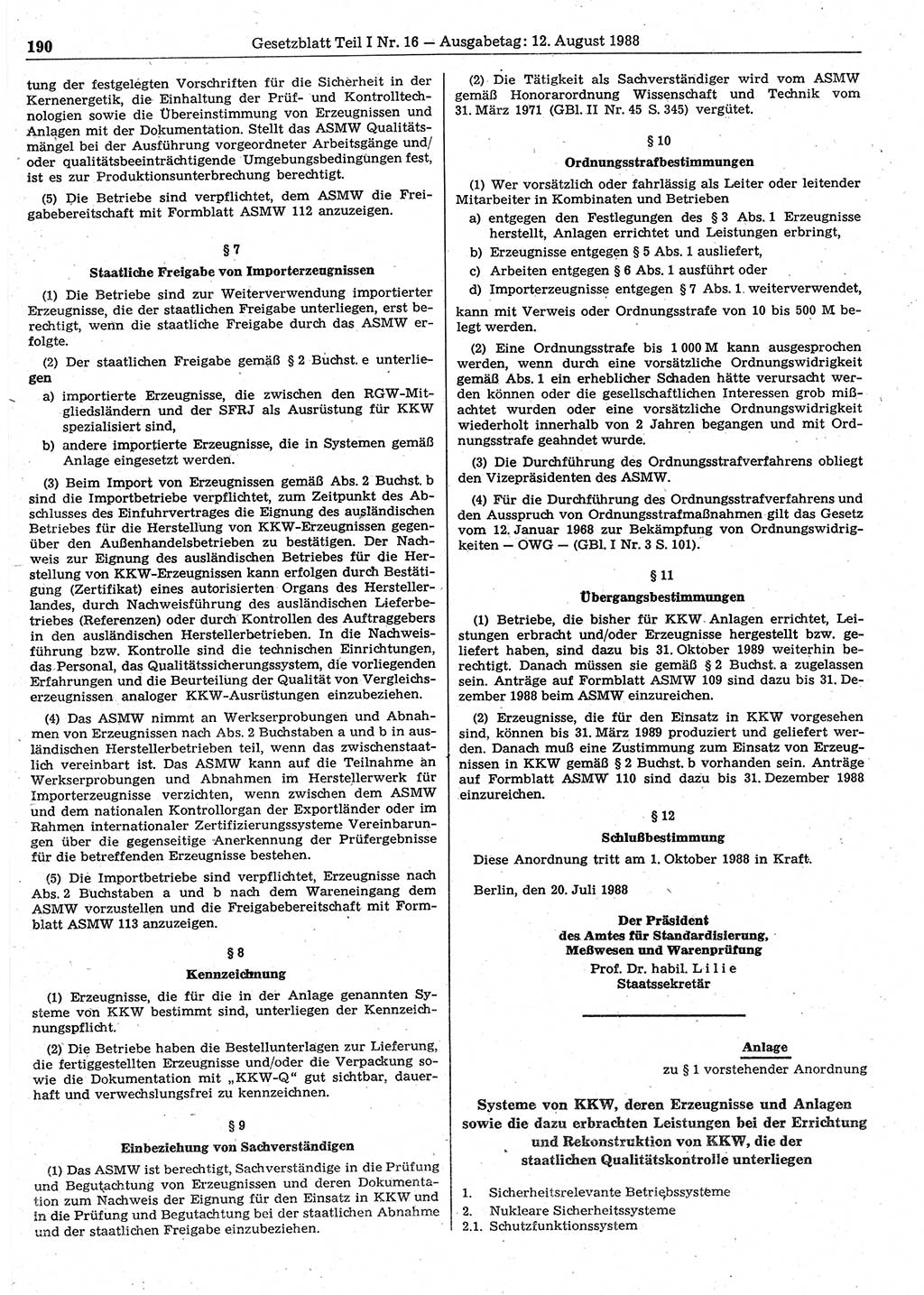 Gesetzblatt (GBl.) der Deutschen Demokratischen Republik (DDR) Teil Ⅰ 1988, Seite 190 (GBl. DDR Ⅰ 1988, S. 190)