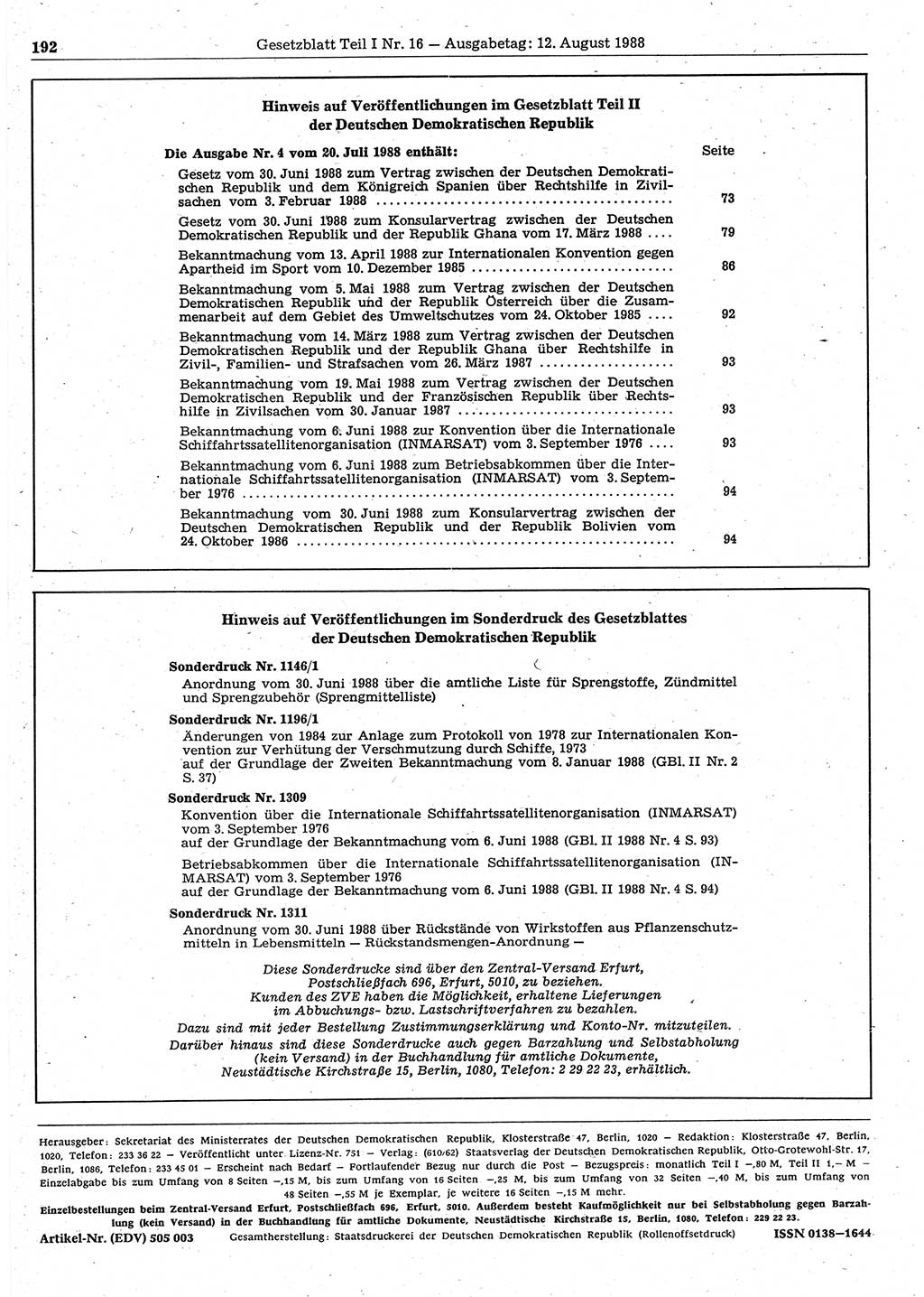 Gesetzblatt (GBl.) der Deutschen Demokratischen Republik (DDR) Teil Ⅰ 1988, Seite 192 (GBl. DDR Ⅰ 1988, S. 192)