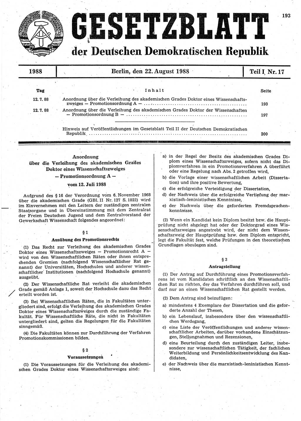 Gesetzblatt (GBl.) der Deutschen Demokratischen Republik (DDR) Teil Ⅰ 1988, Seite 193 (GBl. DDR Ⅰ 1988, S. 193)