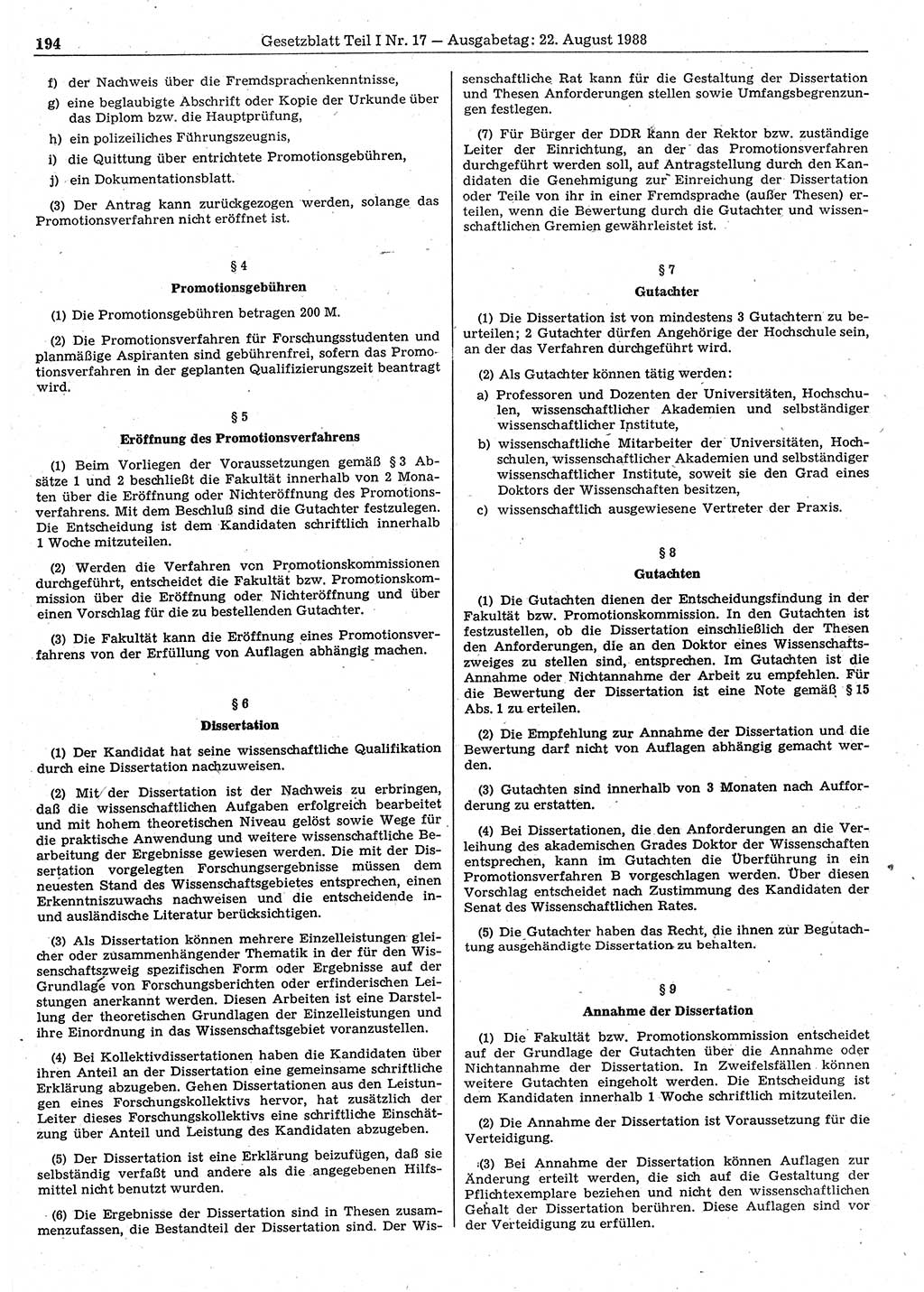 Gesetzblatt (GBl.) der Deutschen Demokratischen Republik (DDR) Teil Ⅰ 1988, Seite 194 (GBl. DDR Ⅰ 1988, S. 194)