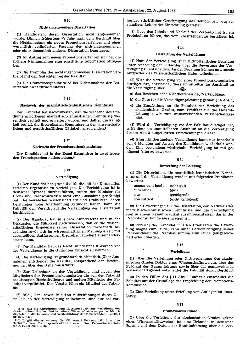 Gesetzblatt (GBl.) der Deutschen Demokratischen Republik (DDR) Teil Ⅰ 1988, Seite 195 (GBl. DDR Ⅰ 1988, S. 195)