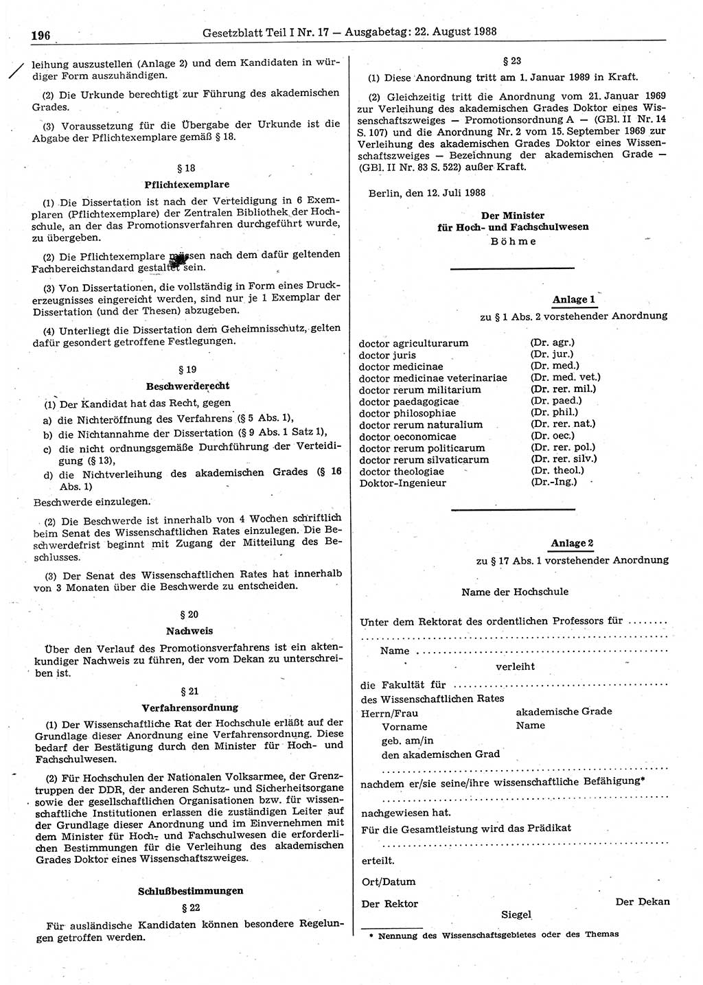 Gesetzblatt (GBl.) der Deutschen Demokratischen Republik (DDR) Teil Ⅰ 1988, Seite 196 (GBl. DDR Ⅰ 1988, S. 196)