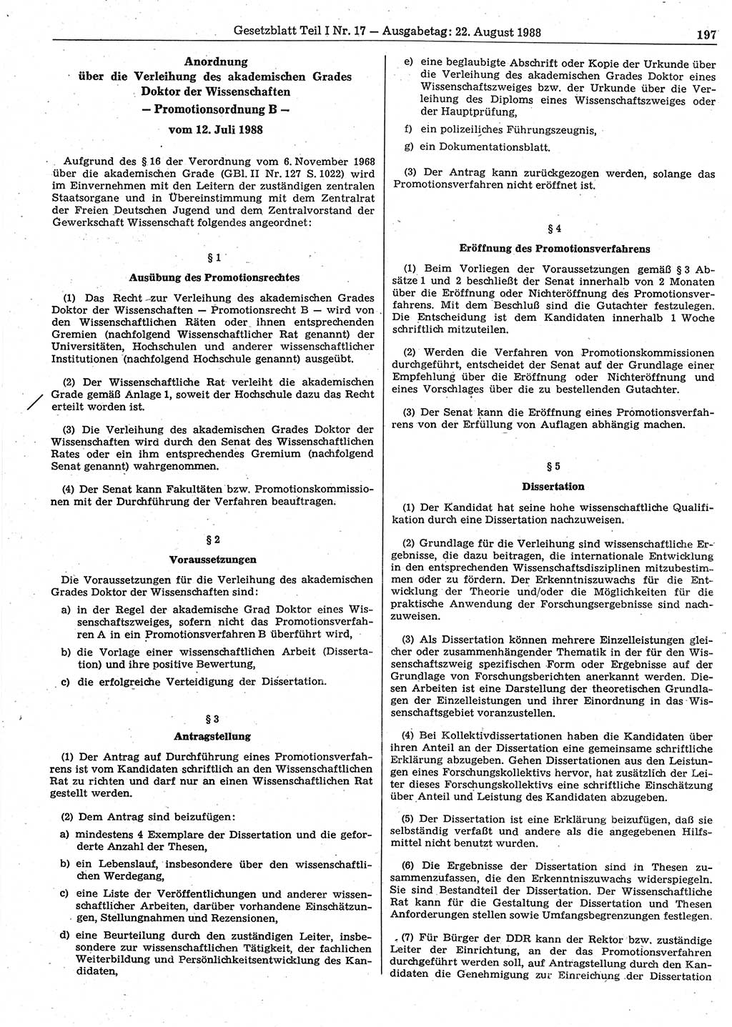 Gesetzblatt (GBl.) der Deutschen Demokratischen Republik (DDR) Teil Ⅰ 1988, Seite 197 (GBl. DDR Ⅰ 1988, S. 197)