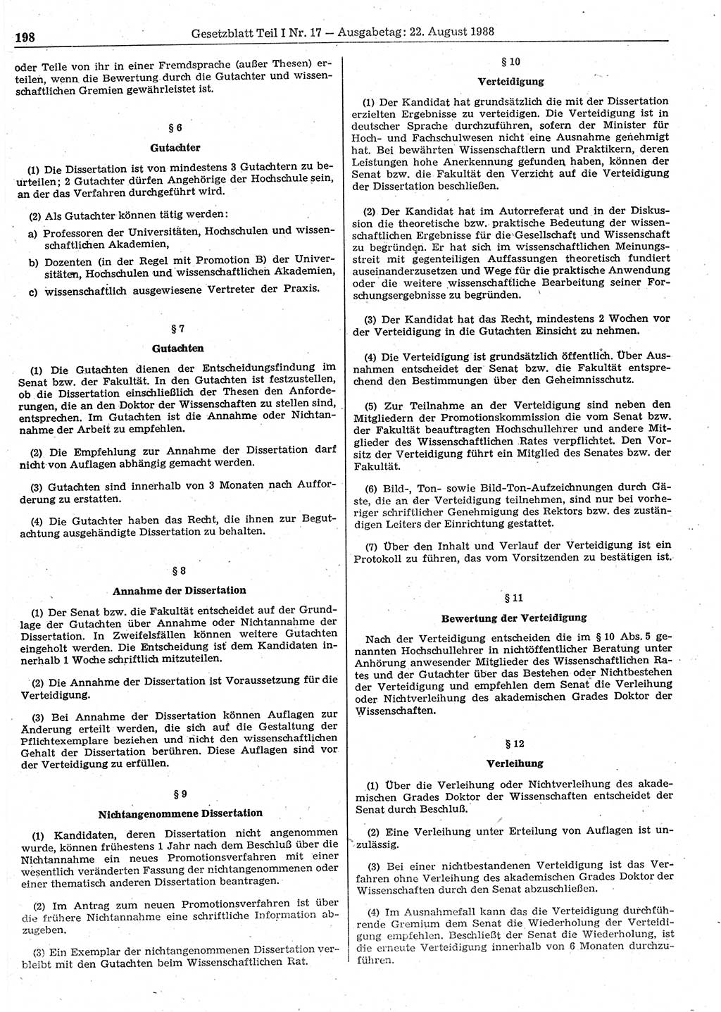 Gesetzblatt (GBl.) der Deutschen Demokratischen Republik (DDR) Teil Ⅰ 1988, Seite 198 (GBl. DDR Ⅰ 1988, S. 198)