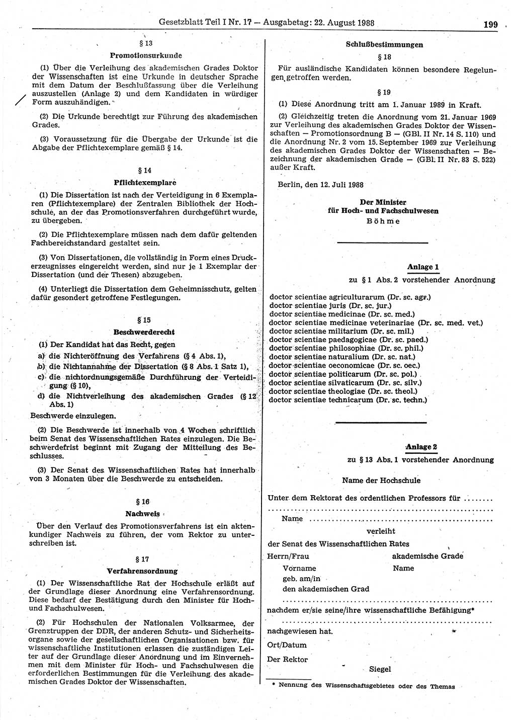 Gesetzblatt (GBl.) der Deutschen Demokratischen Republik (DDR) Teil Ⅰ 1988, Seite 199 (GBl. DDR Ⅰ 1988, S. 199)