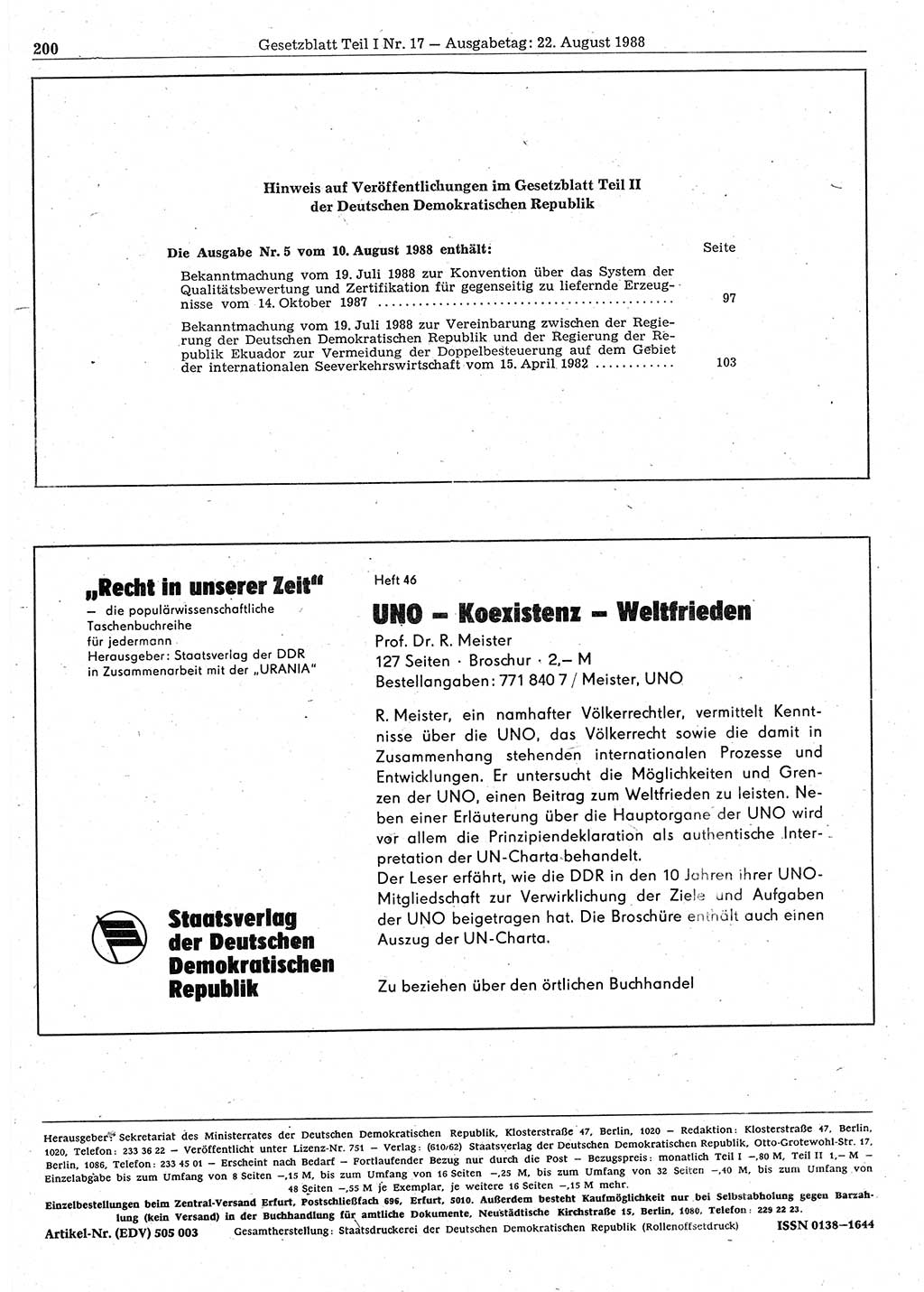 Gesetzblatt (GBl.) der Deutschen Demokratischen Republik (DDR) Teil Ⅰ 1988, Seite 200 (GBl. DDR Ⅰ 1988, S. 200)