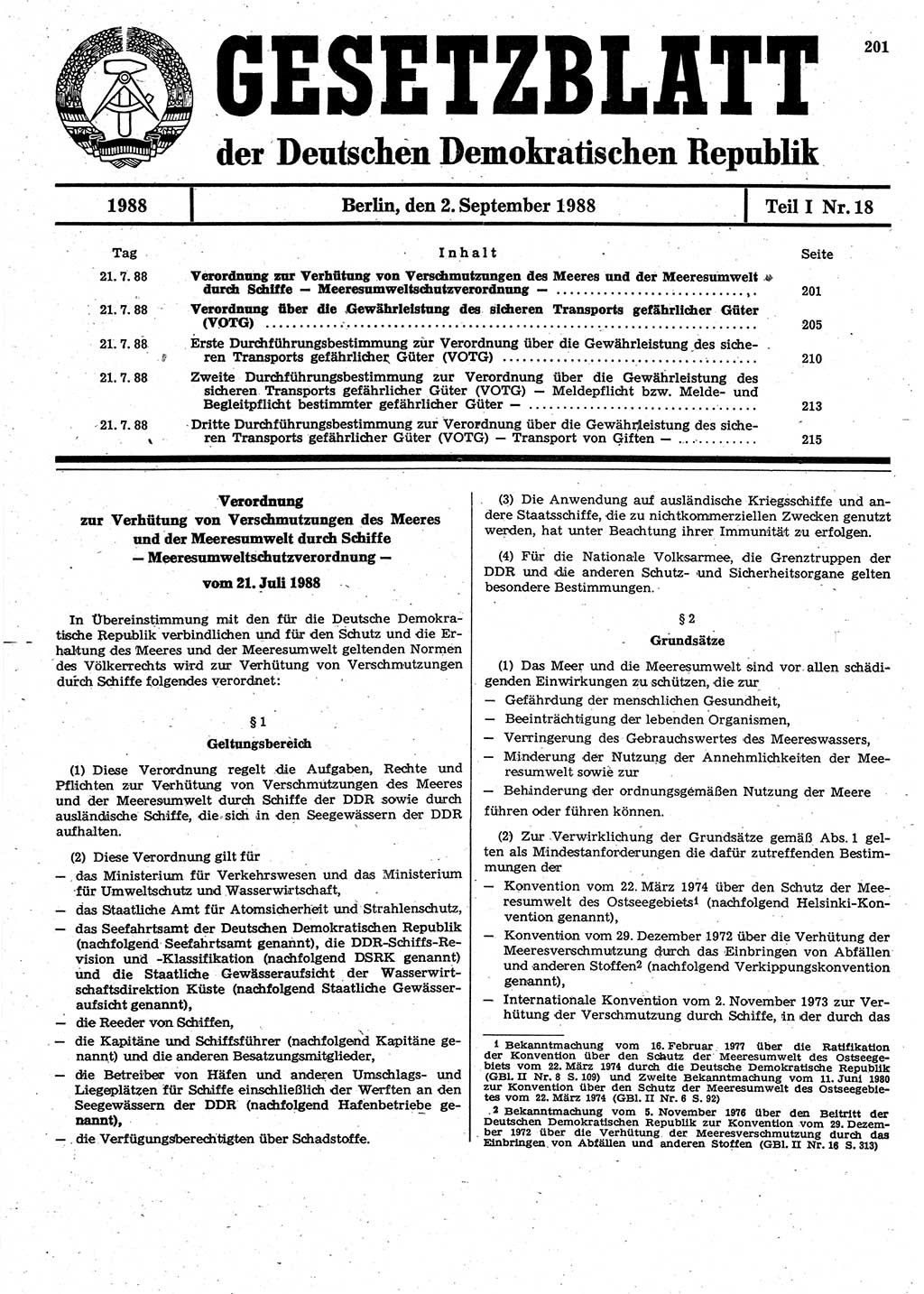 Gesetzblatt (GBl.) der Deutschen Demokratischen Republik (DDR) Teil Ⅰ 1988, Seite 201 (GBl. DDR Ⅰ 1988, S. 201)