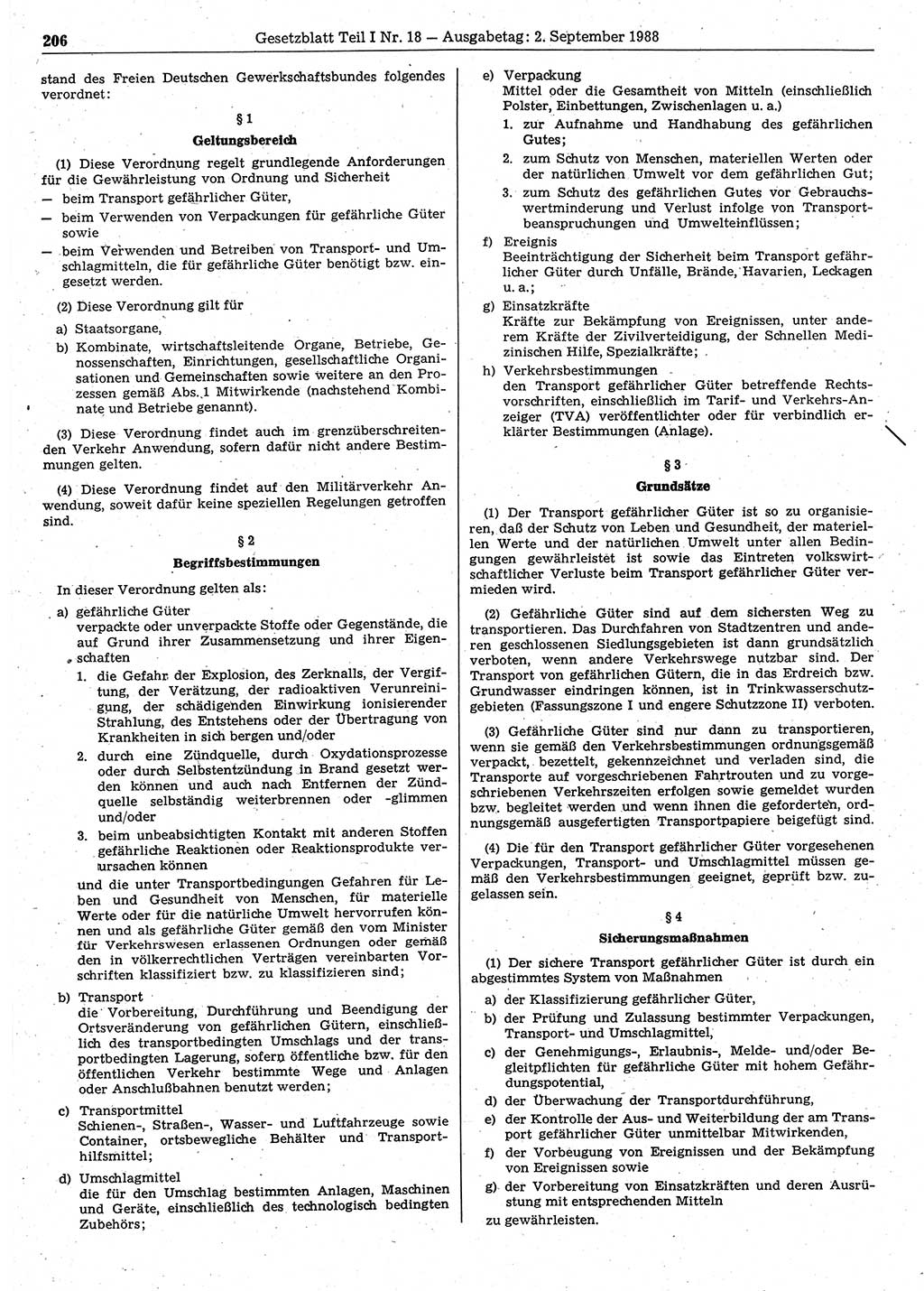 Gesetzblatt (GBl.) der Deutschen Demokratischen Republik (DDR) Teil Ⅰ 1988, Seite 206 (GBl. DDR Ⅰ 1988, S. 206)