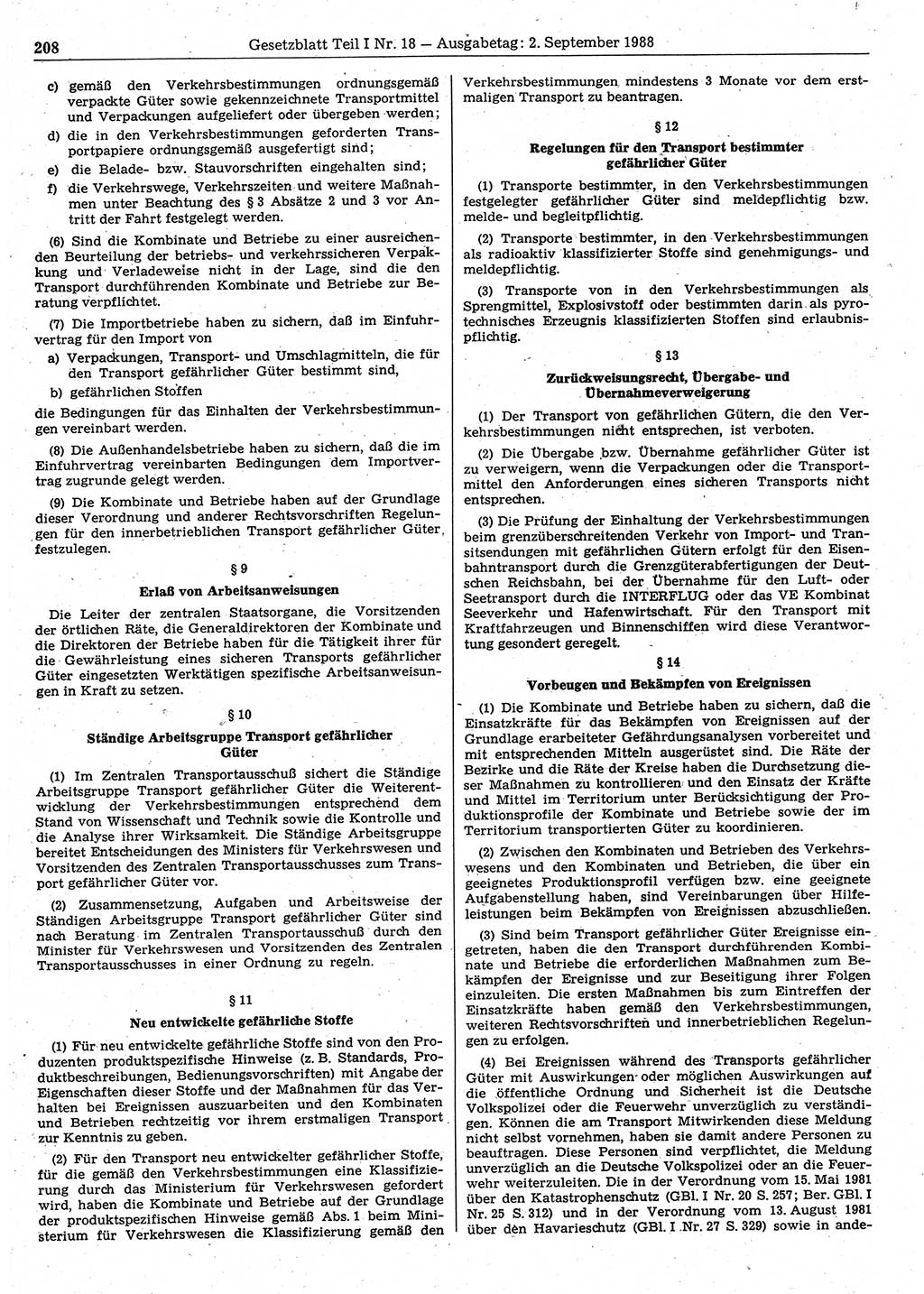 Gesetzblatt (GBl.) der Deutschen Demokratischen Republik (DDR) Teil Ⅰ 1988, Seite 208 (GBl. DDR Ⅰ 1988, S. 208)