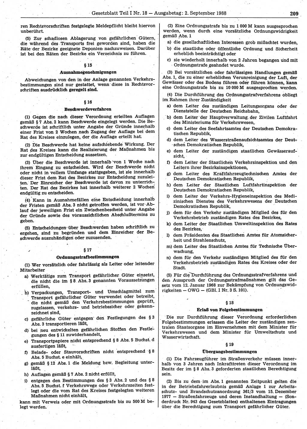 Gesetzblatt (GBl.) der Deutschen Demokratischen Republik (DDR) Teil Ⅰ 1988, Seite 209 (GBl. DDR Ⅰ 1988, S. 209)