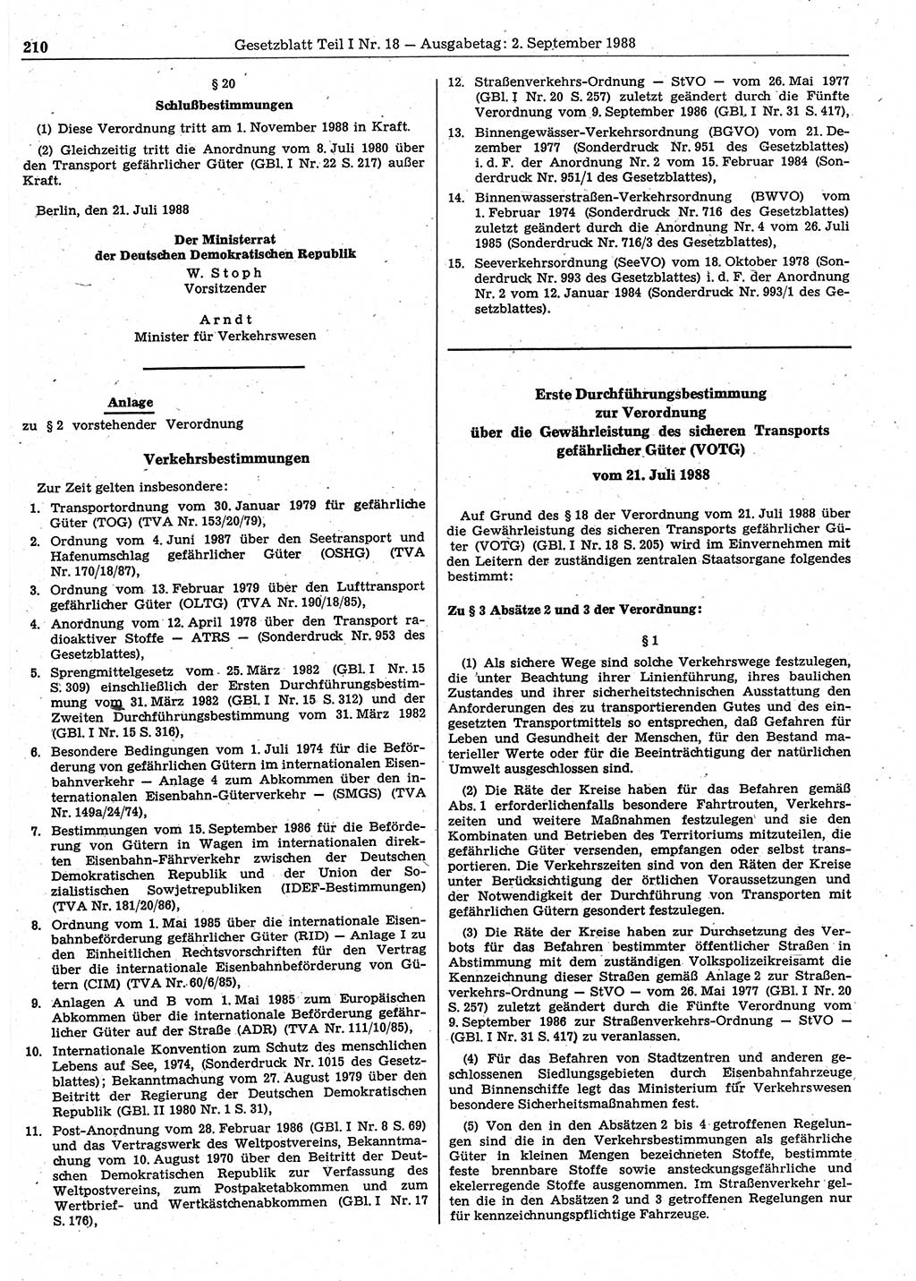 Gesetzblatt (GBl.) der Deutschen Demokratischen Republik (DDR) Teil Ⅰ 1988, Seite 210 (GBl. DDR Ⅰ 1988, S. 210)